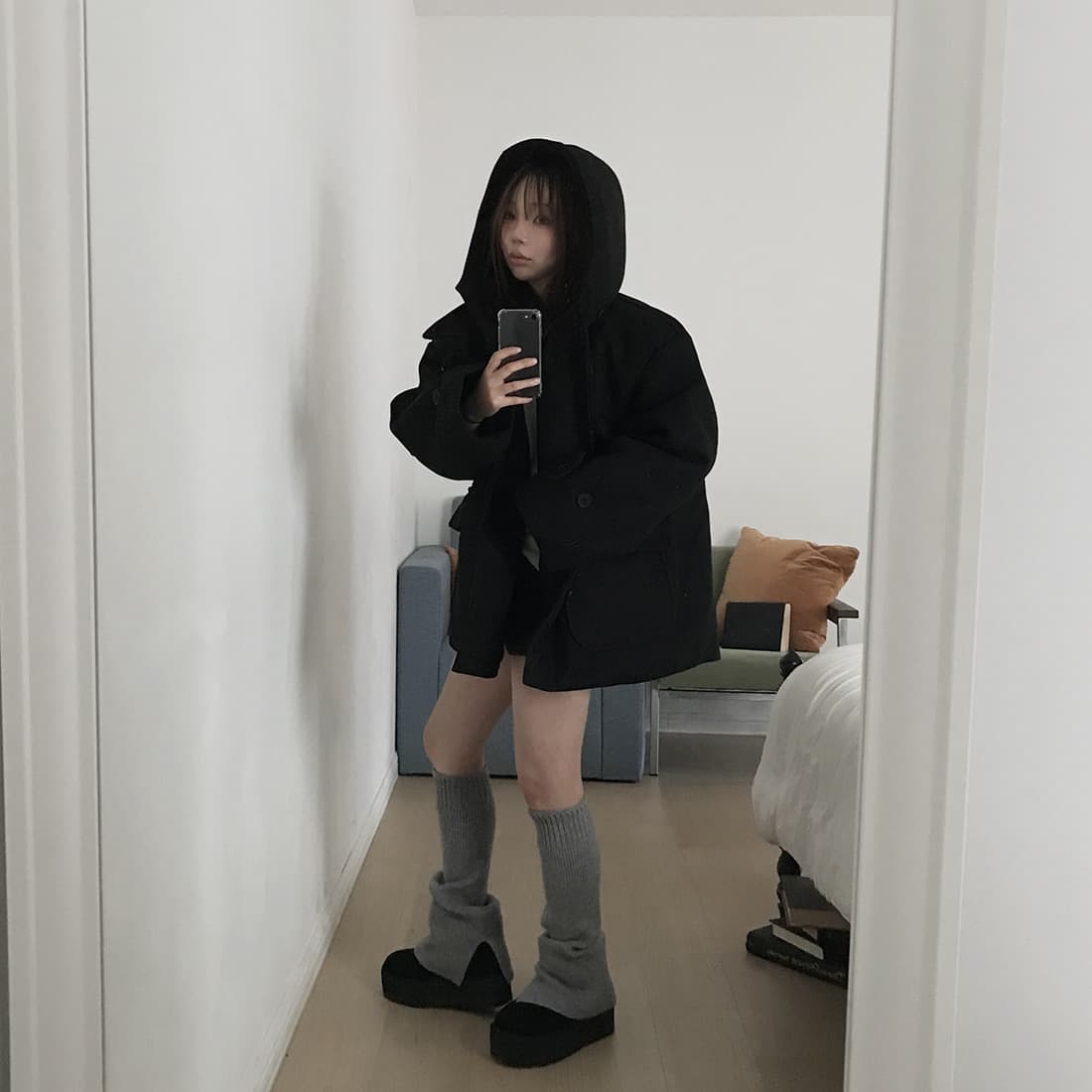 재고 있음 한국 chic 레트로 품격 캐주얼 겨울 후드 보온 빅 포켓 쇼트 스타일 코트 모직 외투 상세 이미지 46