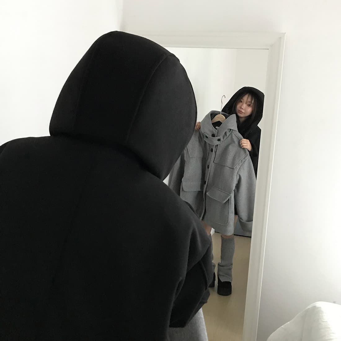 재고 있음 한국 chic 레트로 품격 캐주얼 겨울 후드 보온 빅 포켓 쇼트 스타일 코트 모직 외투 상세 이미지 48