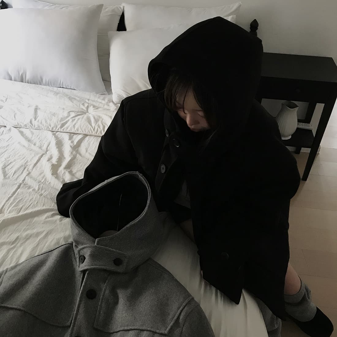 재고 있음 한국 chic 레트로 품격 캐주얼 겨울 후드 보온 빅 포켓 쇼트 스타일 코트 모직 외투 상세 이미지 54