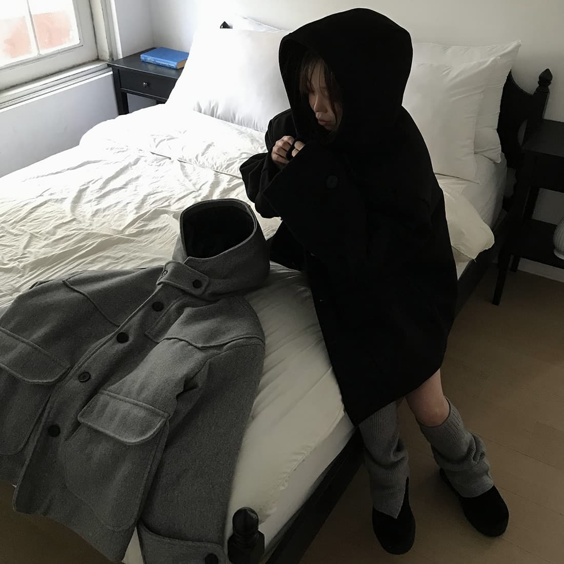 재고 있음 한국 chic 레트로 품격 캐주얼 겨울 후드 보온 빅 포켓 쇼트 스타일 코트 모직 외투 상세 이미지 55