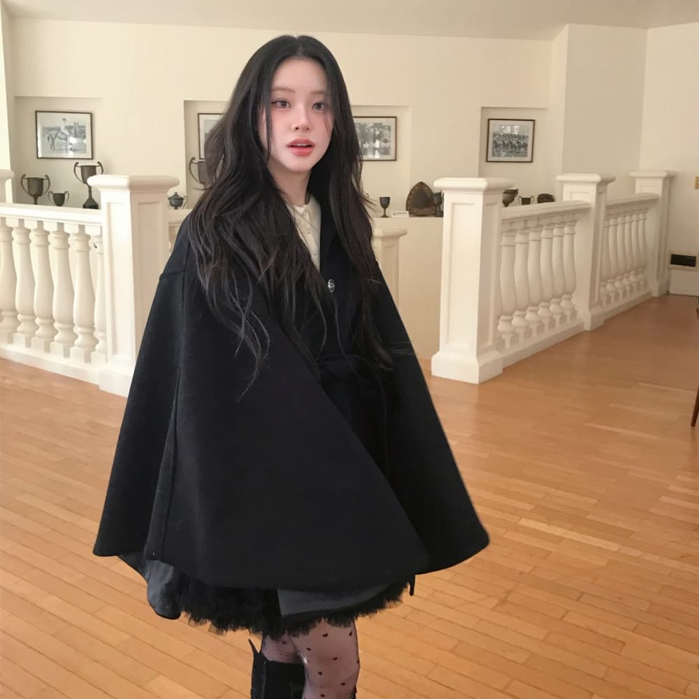 재고 있음 한국 작은 대중 품격 분위기 센스 망토 모직 외투 부드러운 바람 연령 감소 레이스업 모직 코트 여성 이미지 2
