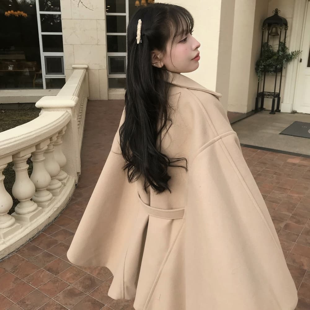 재고 있음 한국 작은 대중 품격 분위기 센스 망토 모직 외투 부드러운 바람 연령 감소 레이스업 모직 코트 여성 이미지 3