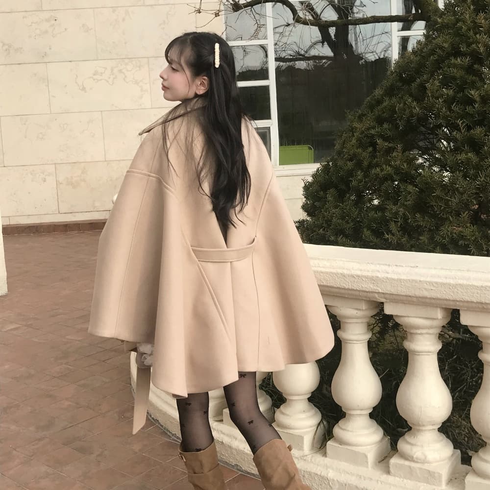 재고 있음 한국 작은 대중 품격 분위기 센스 망토 모직 외투 부드러운 바람 연령 감소 레이스업 모직 코트 여성 이미지 4