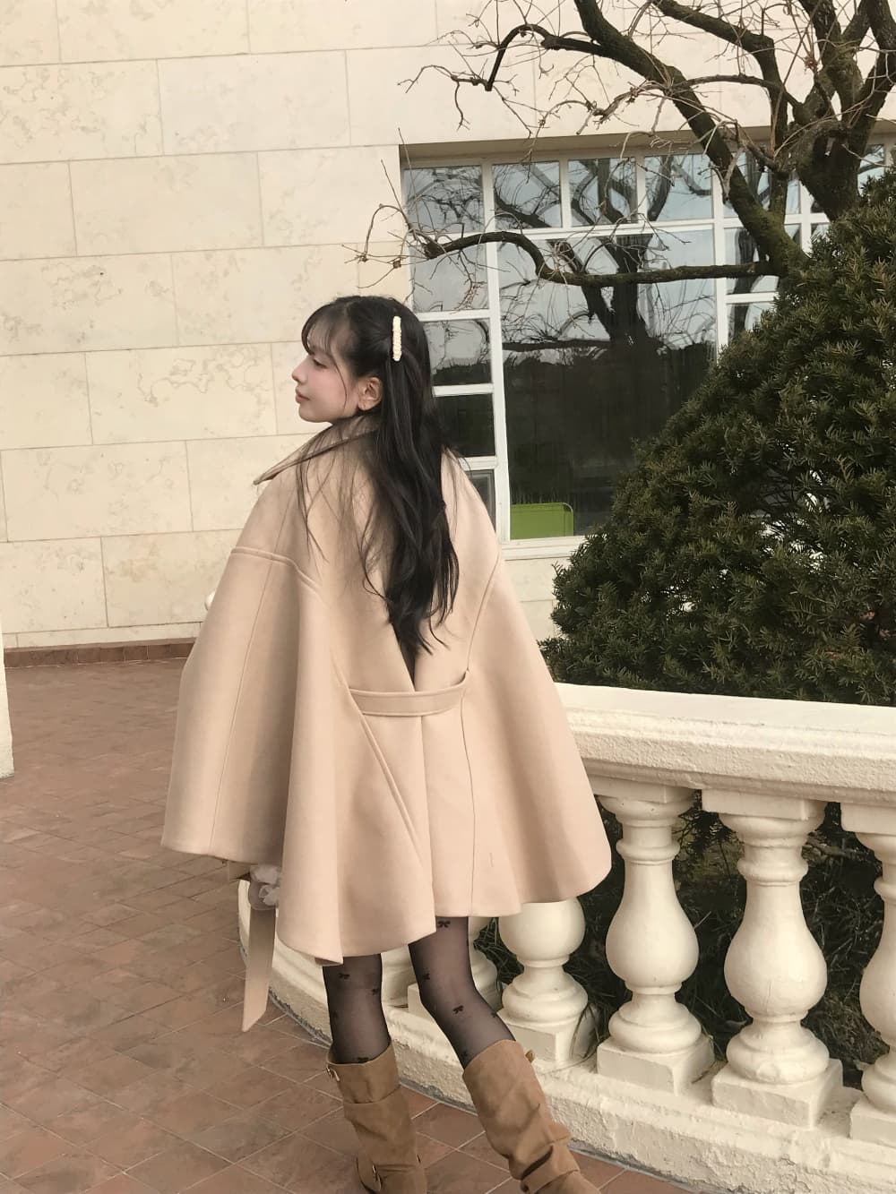 재고 있음 한국 작은 대중 품격 분위기 센스 망토 모직 외투 부드러운 바람 연령 감소 레이스업 모직 코트 여성 상세 이미지 1