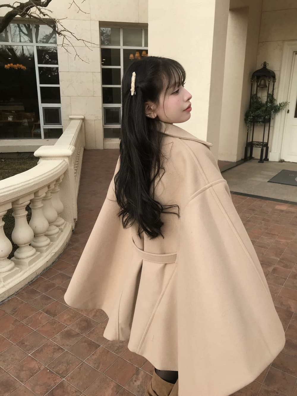 재고 있음 한국 작은 대중 품격 분위기 센스 망토 모직 외투 부드러운 바람 연령 감소 레이스업 모직 코트 여성 상세 이미지 3