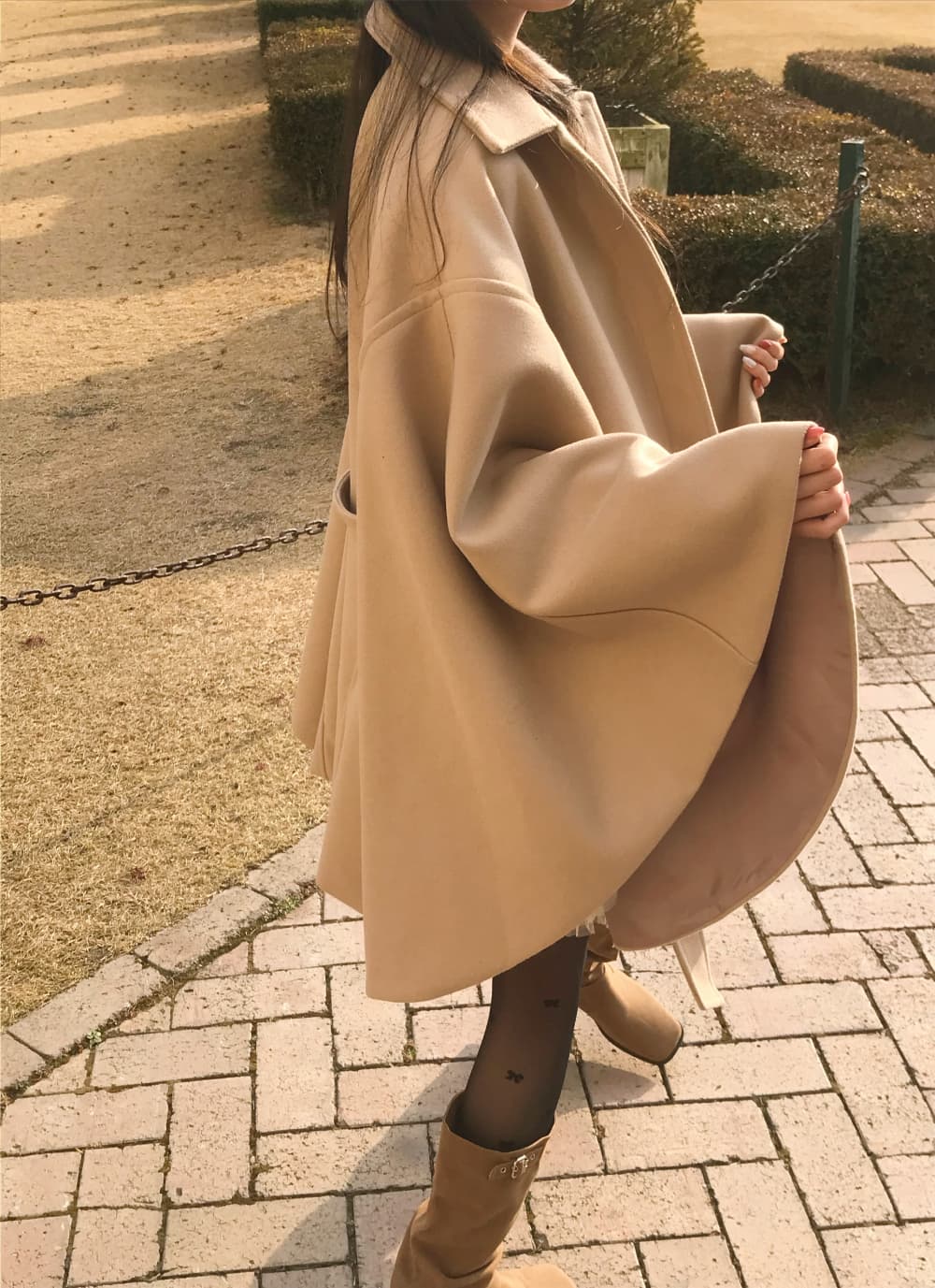 재고 있음 한국 작은 대중 품격 분위기 센스 망토 모직 외투 부드러운 바람 연령 감소 레이스업 모직 코트 여성 상세 이미지 4