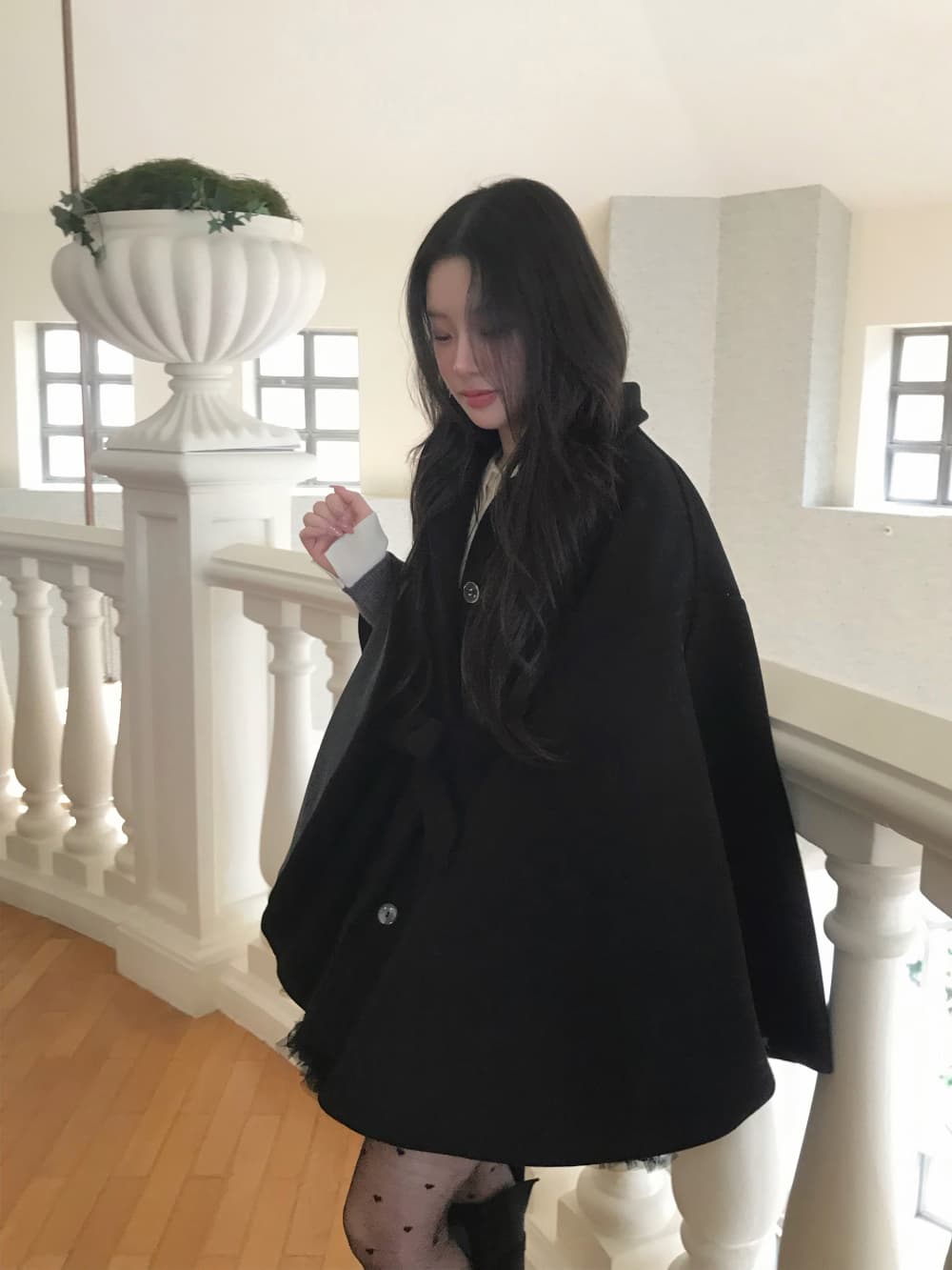 재고 있음 한국 작은 대중 품격 분위기 센스 망토 모직 외투 부드러운 바람 연령 감소 레이스업 모직 코트 여성 상세 이미지 18