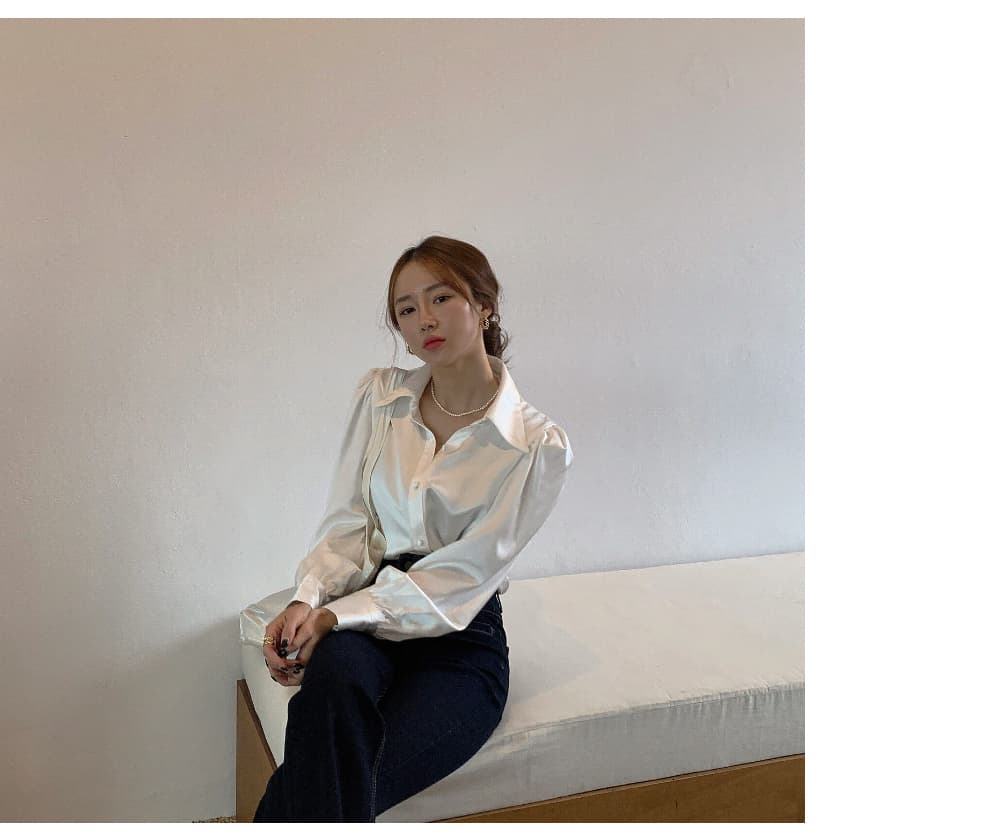 재고 있음 한국 chic 레트로 품격 패션 질감 새틴 패키지 버클 거품 소매 폴로 칼라 셔츠 상세 이미지 1