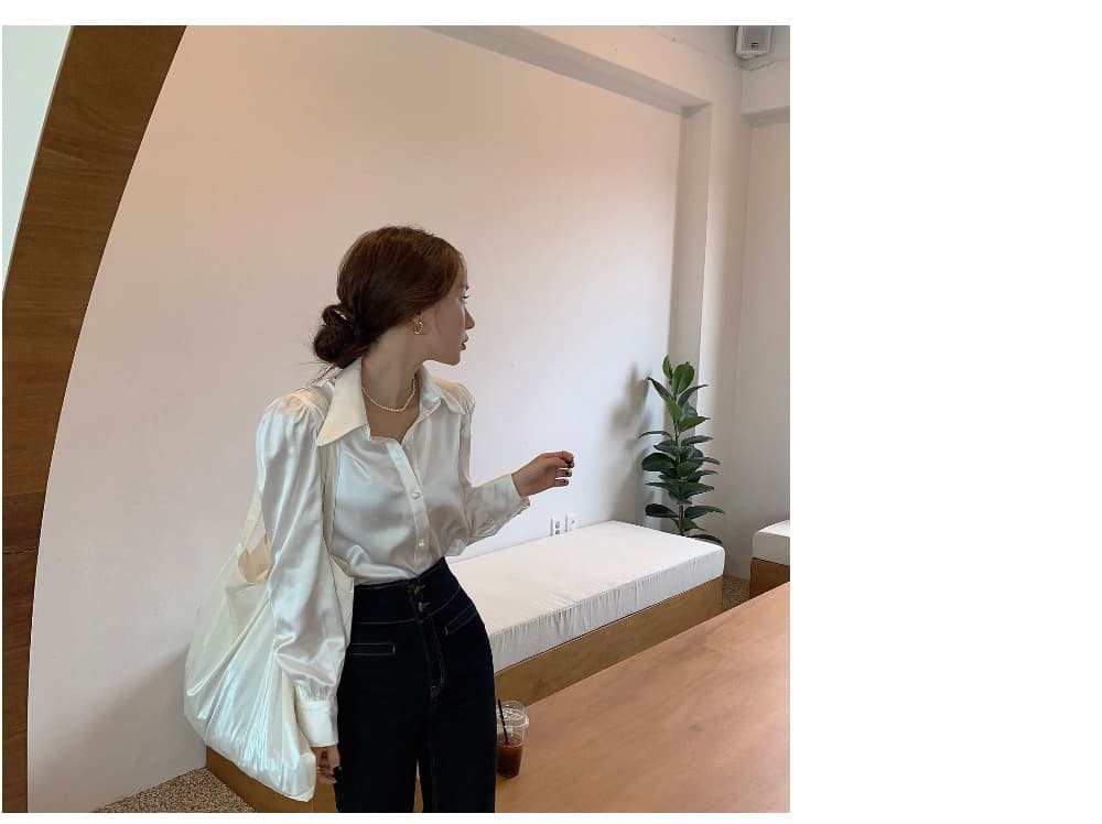 재고 있음 한국 chic 레트로 품격 패션 질감 새틴 패키지 버클 거품 소매 폴로 칼라 셔츠 상세 이미지 7