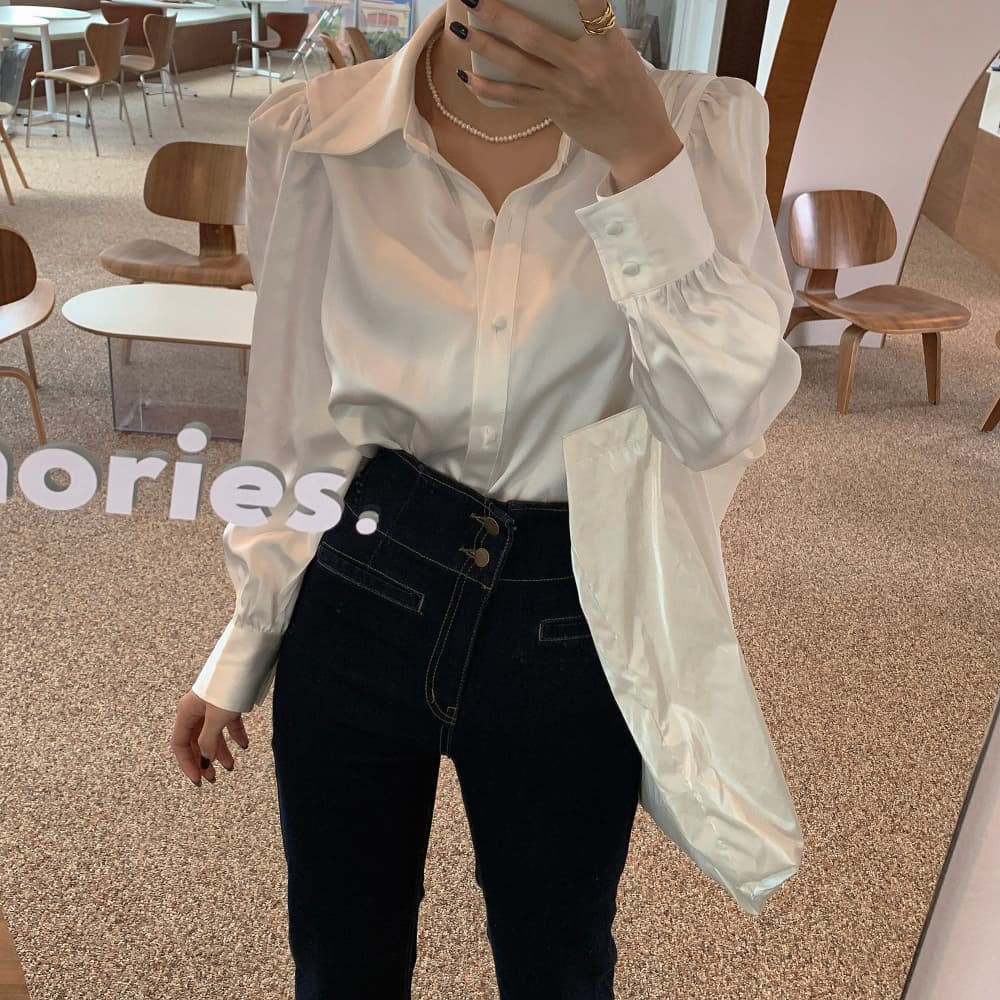 재고 있음 한국 chic 레트로 품격 패션 질감 새틴 패키지 버클 거품 소매 폴로 칼라 셔츠 상세 이미지 9