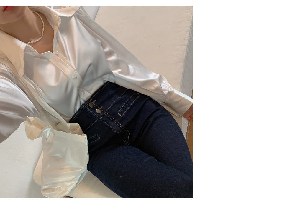 재고 있음 한국 chic 레트로 품격 패션 질감 새틴 패키지 버클 거품 소매 폴로 칼라 셔츠 상세 이미지 11