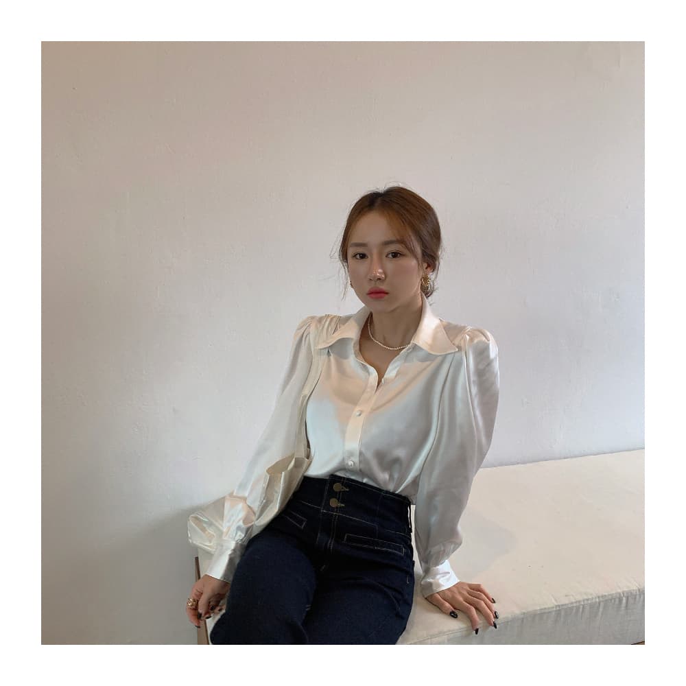 재고 있음 한국 chic 레트로 품격 패션 질감 새틴 패키지 버클 거품 소매 폴로 칼라 셔츠 상세 이미지 15