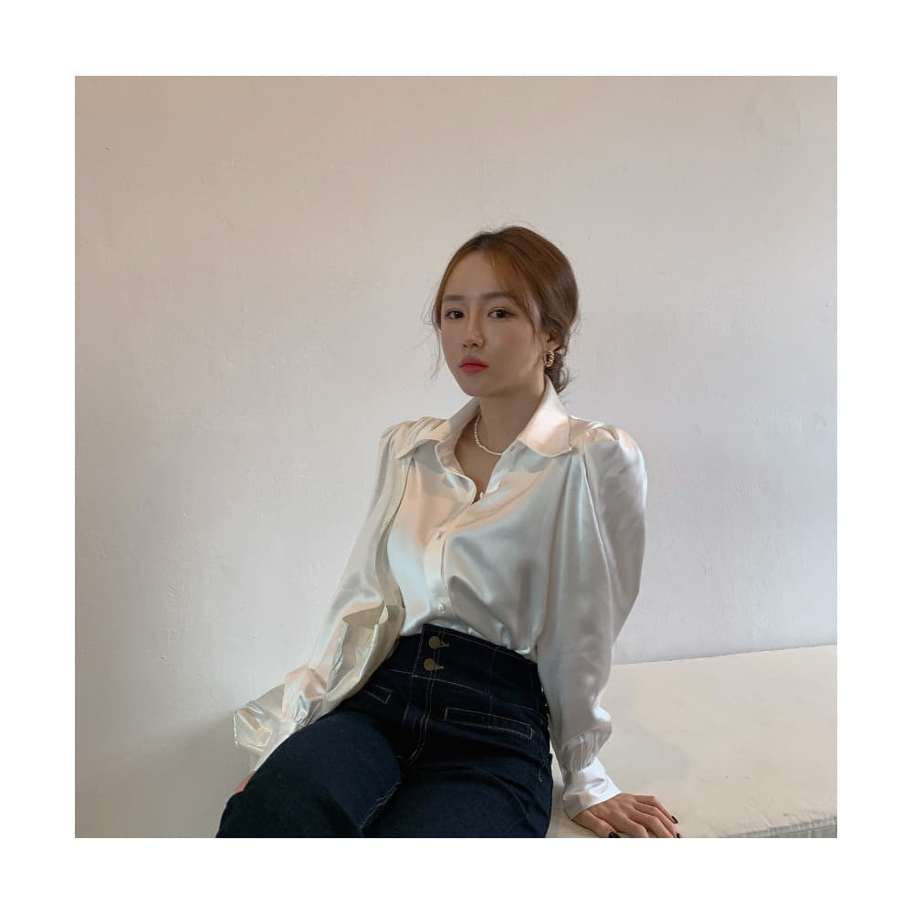 재고 있음 한국 chic 레트로 품격 패션 질감 새틴 패키지 버클 거품 소매 폴로 칼라 셔츠 상세 이미지 19