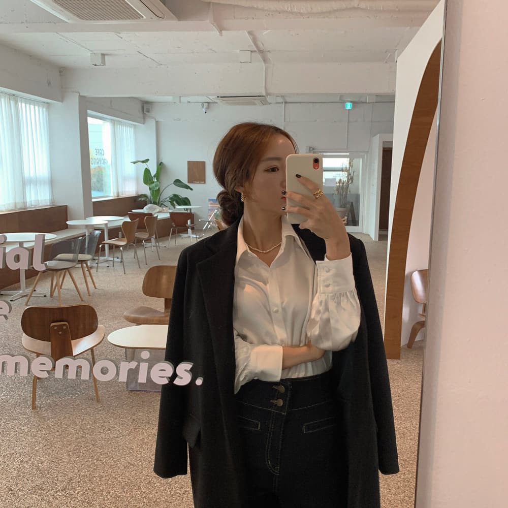 재고 있음 한국 chic 레트로 품격 패션 질감 새틴 패키지 버클 거품 소매 폴로 칼라 셔츠 상세 이미지 43
