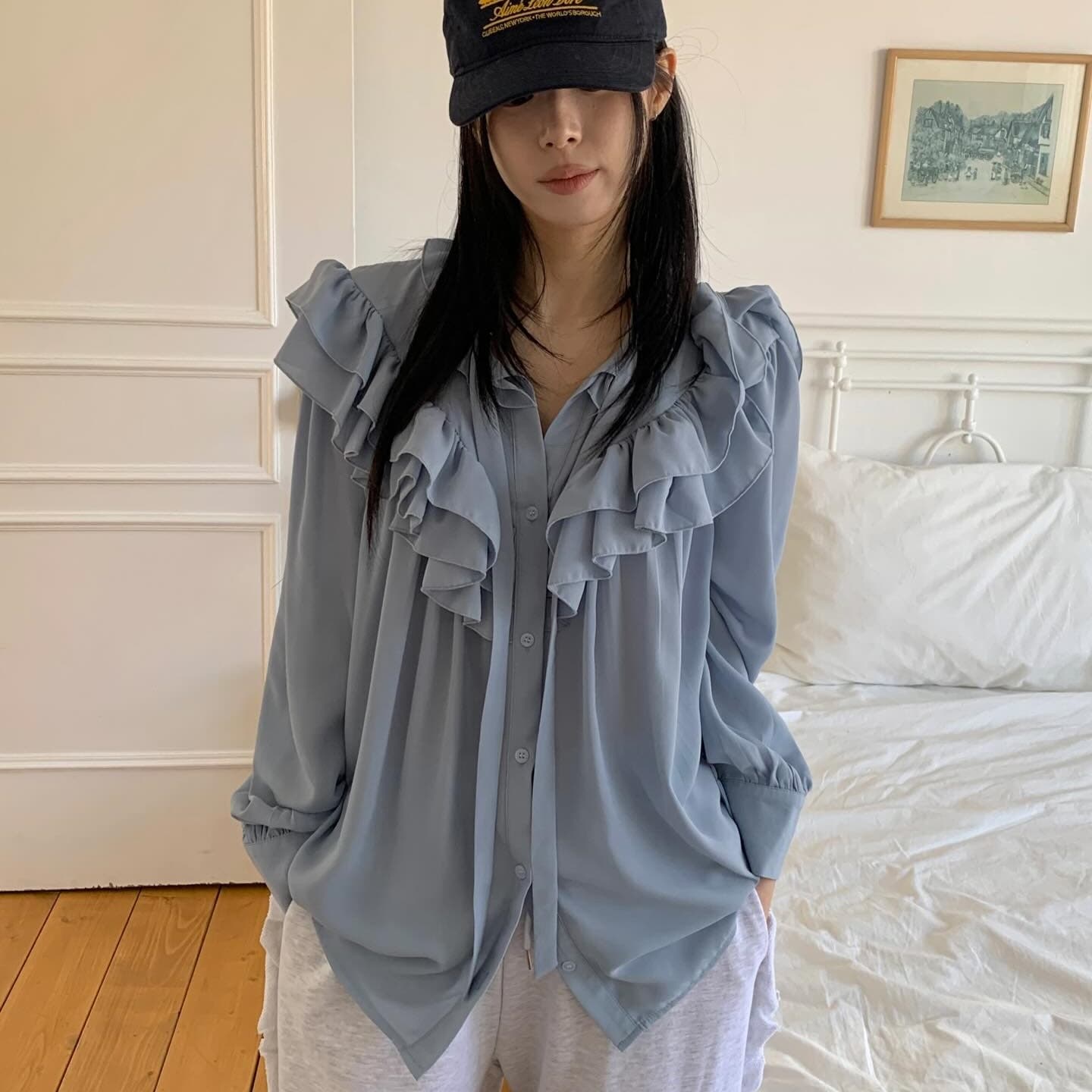 한국 동대문 봄 레트로 부드러운 바람 루즈핏 다용도 프릴 싱글 줄 버튼 긴팔 여성 셔츠 이미지 5