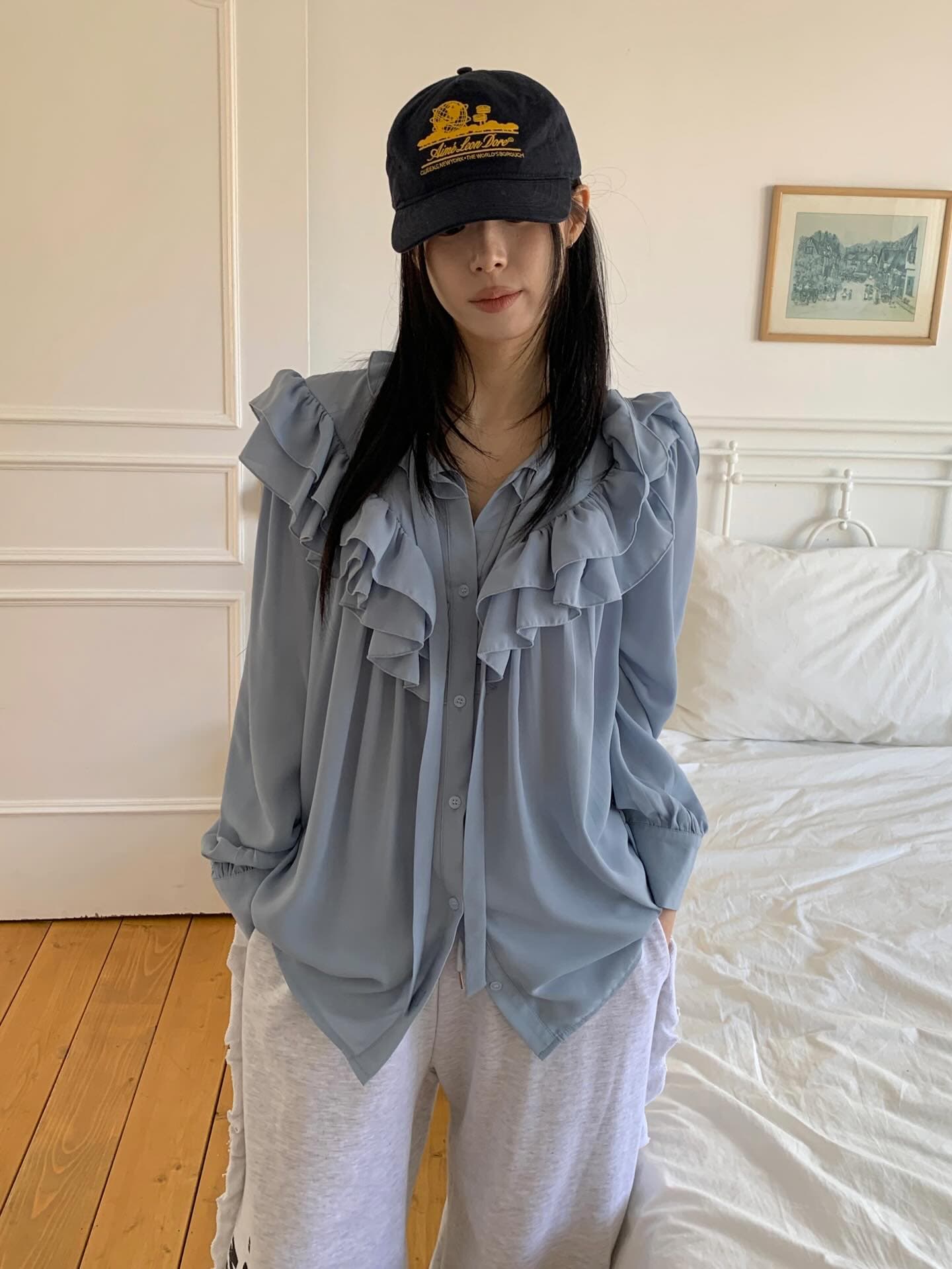 한국 동대문 봄 레트로 부드러운 바람 루즈핏 다용도 프릴 싱글 줄 버튼 긴팔 여성 셔츠 상세 이미지 2
