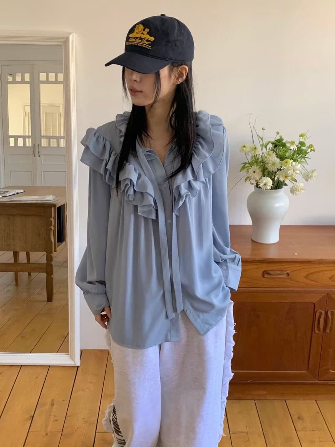 한국 동대문 봄 레트로 부드러운 바람 루즈핏 다용도 프릴 싱글 줄 버튼 긴팔 여성 셔츠 상세 이미지 15