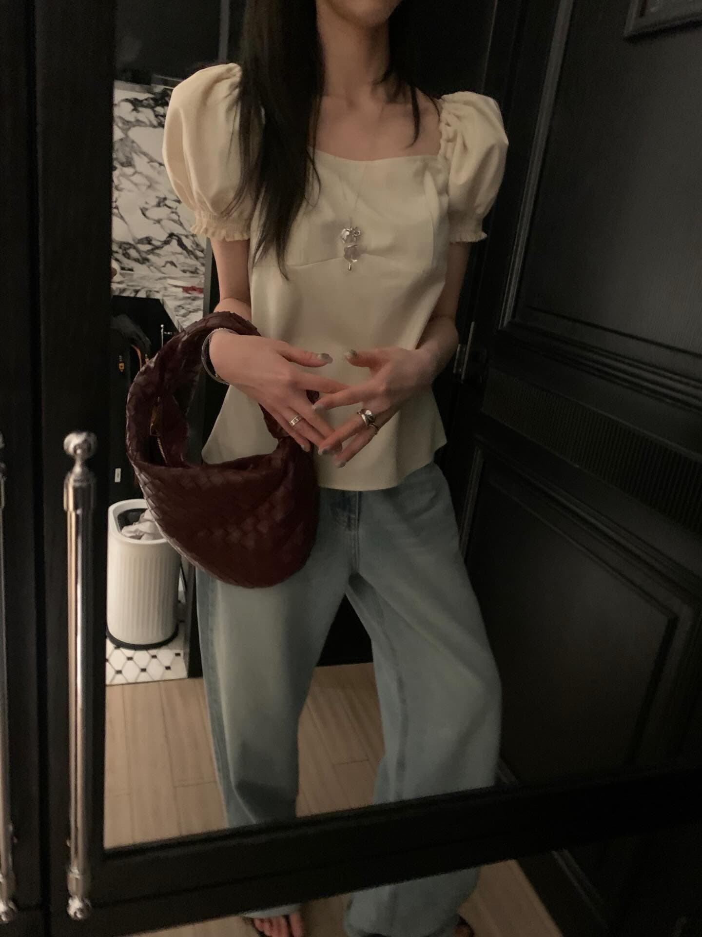한국 chic 프랑스식 품격 광장 칼라 캐주얼 미니멀리즘 뒤로 나비 넥타이 거품 소매 셔츠 맨위 상세 이미지 1