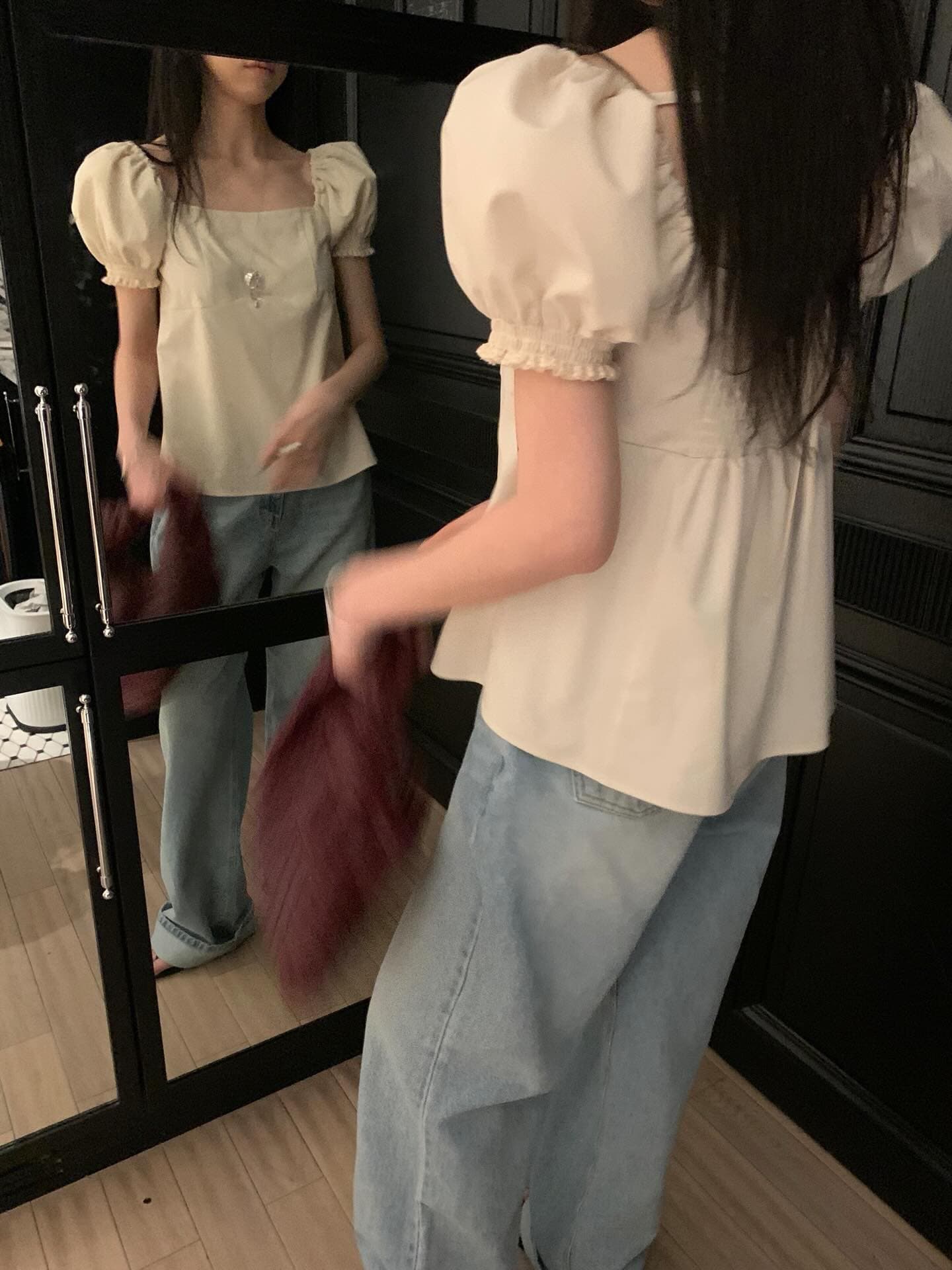 한국 chic 프랑스식 품격 광장 칼라 캐주얼 미니멀리즘 뒤로 나비 넥타이 거품 소매 셔츠 맨위 상세 이미지 2