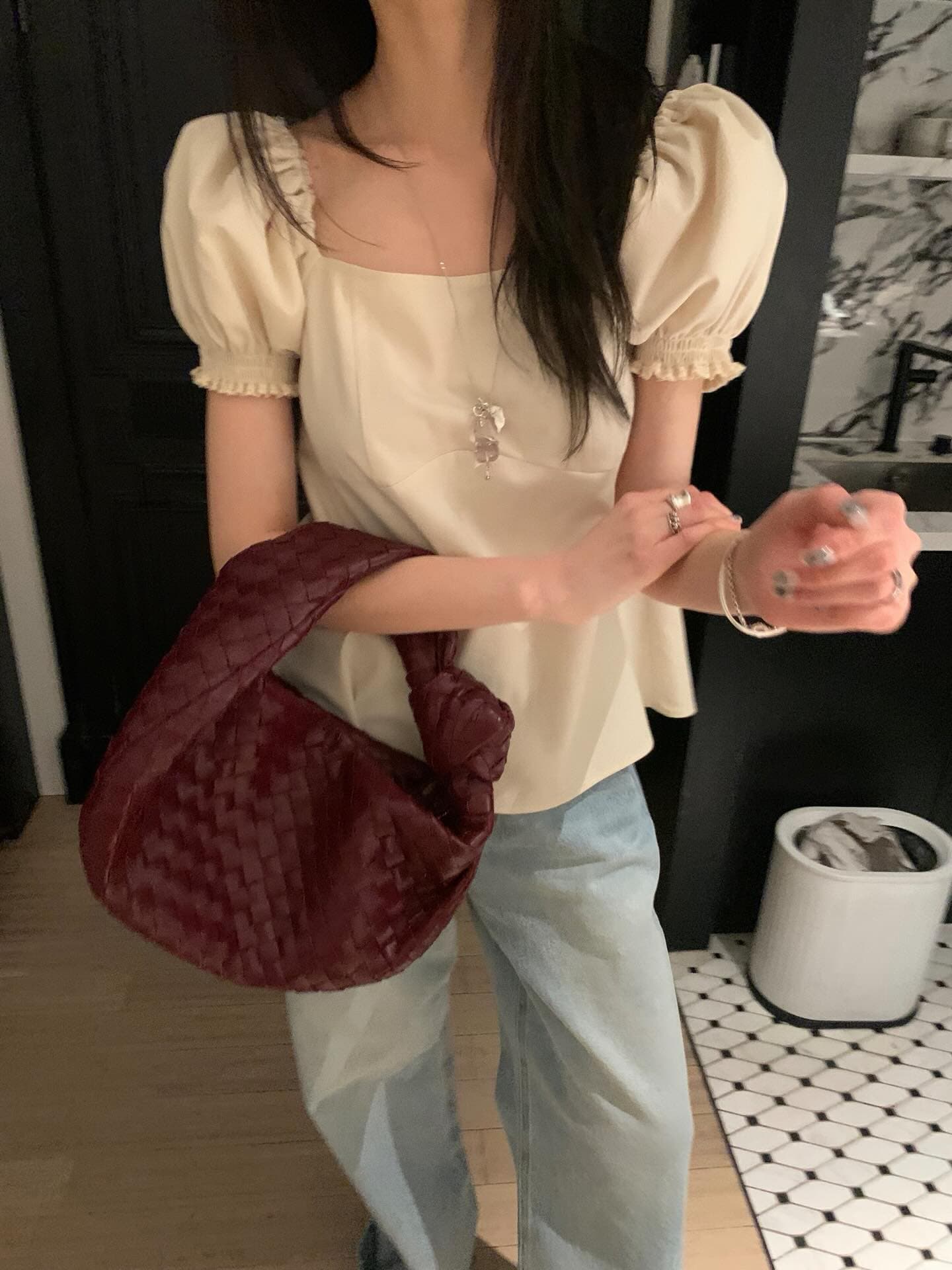 한국 chic 프랑스식 품격 광장 칼라 캐주얼 미니멀리즘 뒤로 나비 넥타이 거품 소매 셔츠 맨위 상세 이미지 3