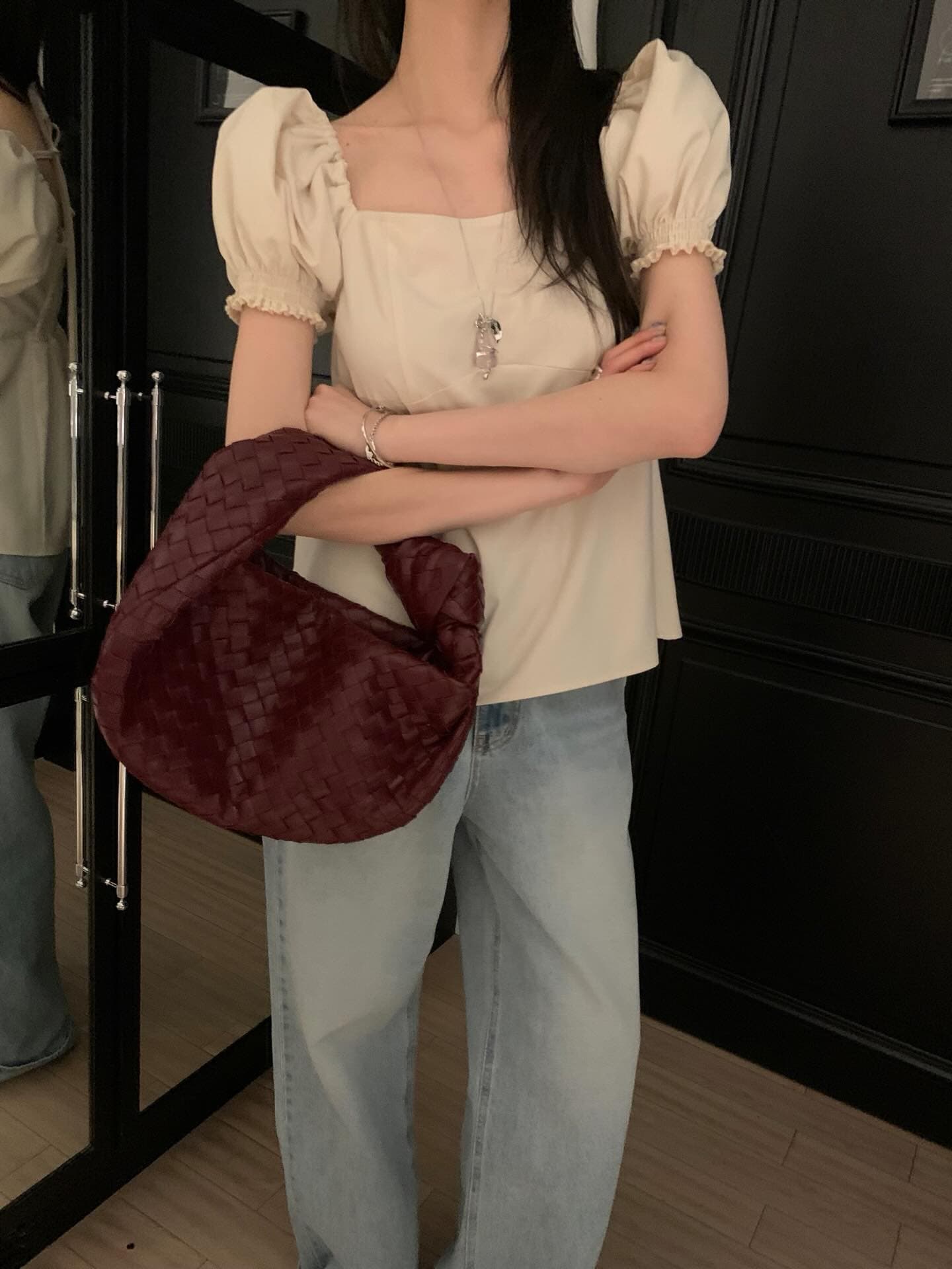 한국 chic 프랑스식 품격 광장 칼라 캐주얼 미니멀리즘 뒤로 나비 넥타이 거품 소매 셔츠 맨위 상세 이미지 4