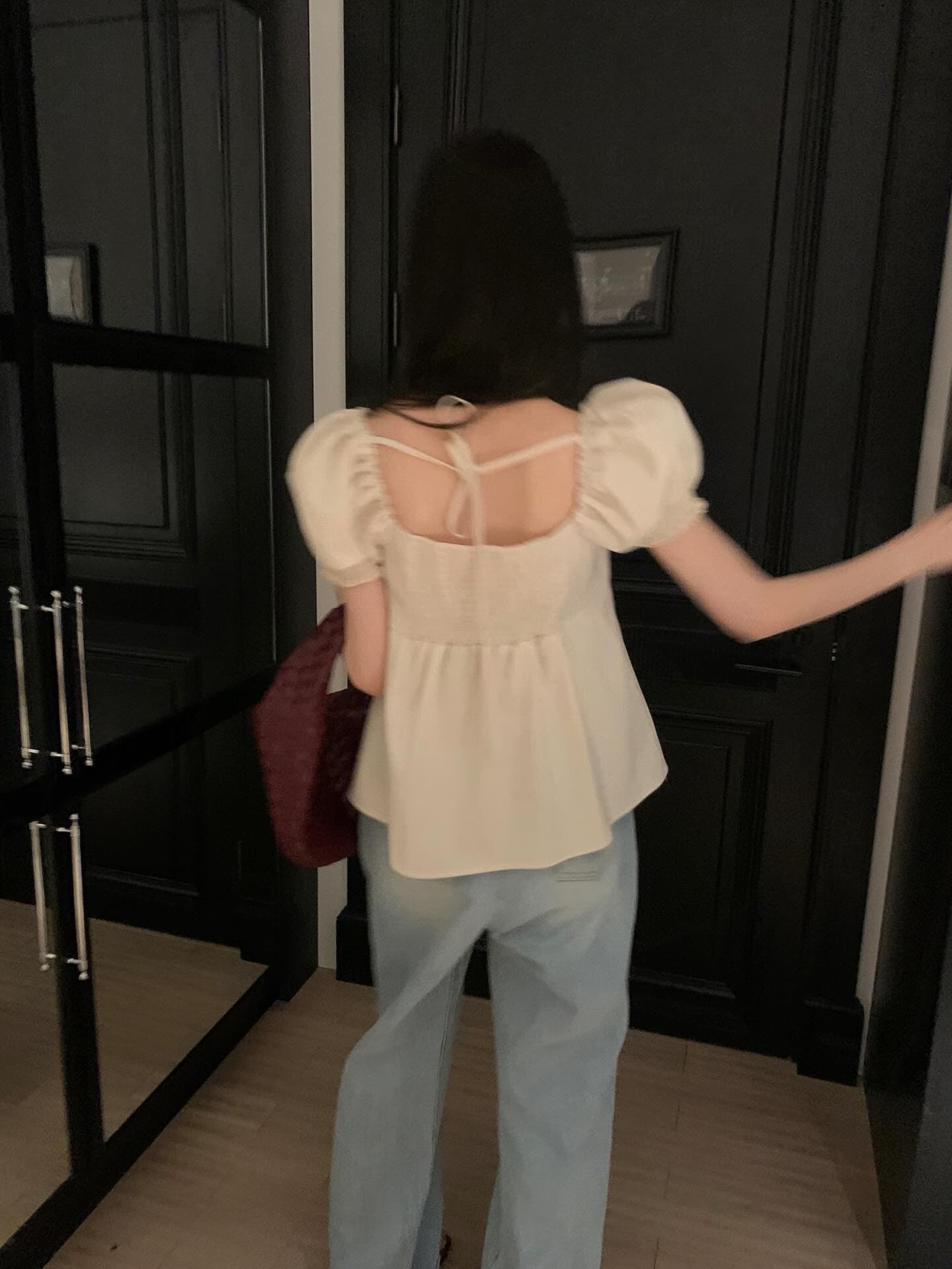 한국 chic 프랑스식 품격 광장 칼라 캐주얼 미니멀리즘 뒤로 나비 넥타이 거품 소매 셔츠 맨위 상세 이미지 5