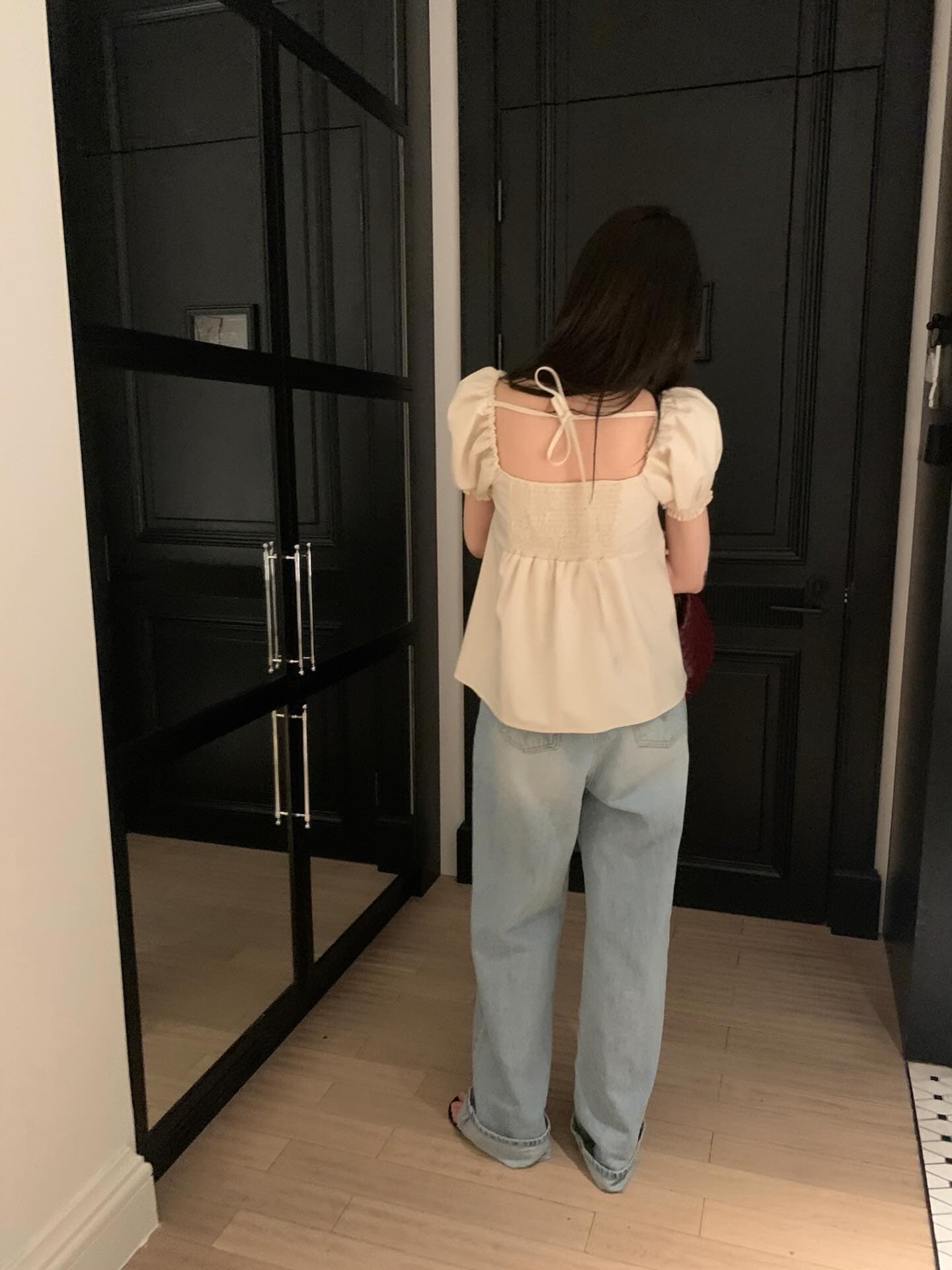 한국 chic 프랑스식 품격 광장 칼라 캐주얼 미니멀리즘 뒤로 나비 넥타이 거품 소매 셔츠 맨위 상세 이미지 6