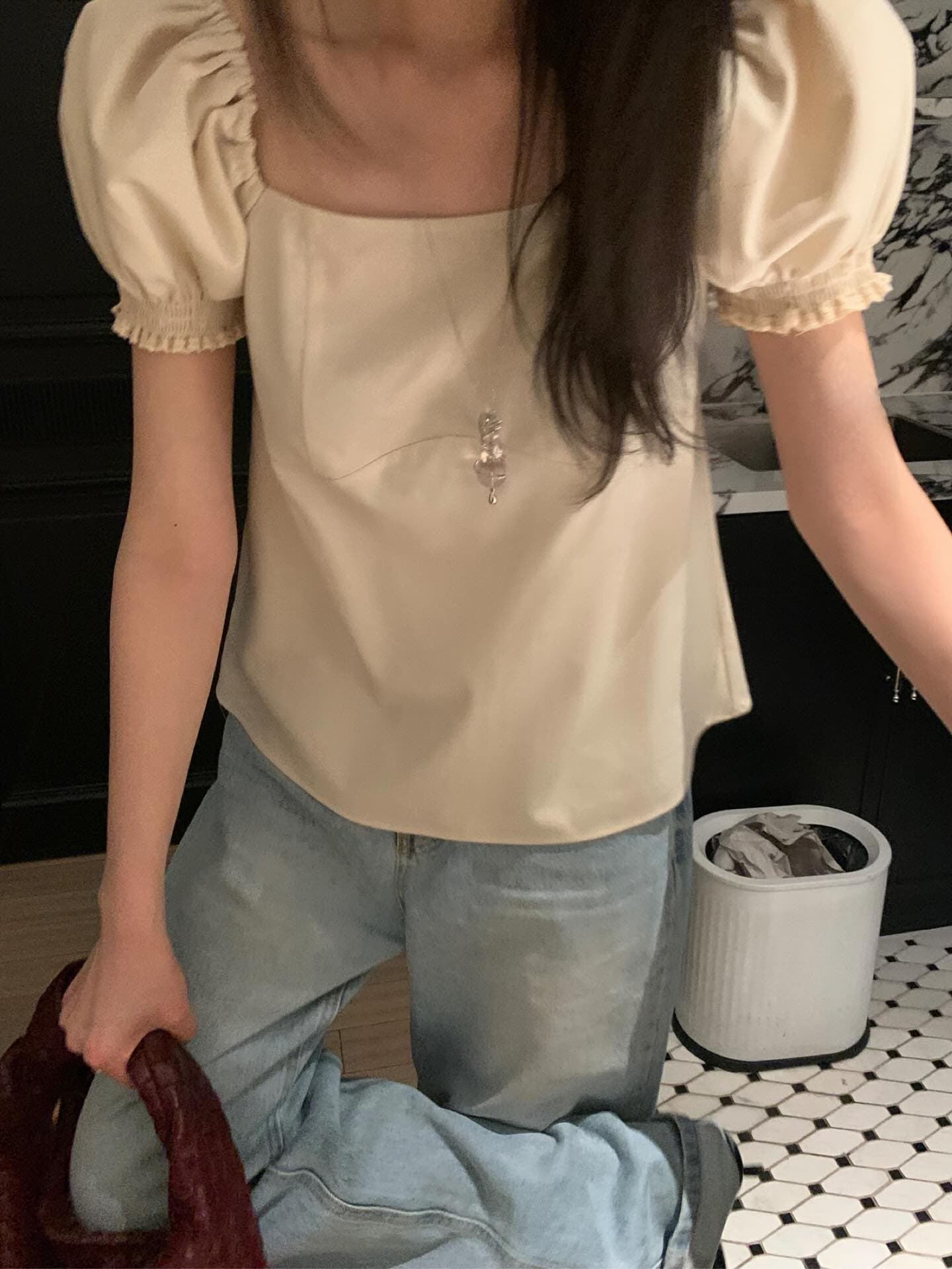 한국 chic 프랑스식 품격 광장 칼라 캐주얼 미니멀리즘 뒤로 나비 넥타이 거품 소매 셔츠 맨위 상세 이미지 7