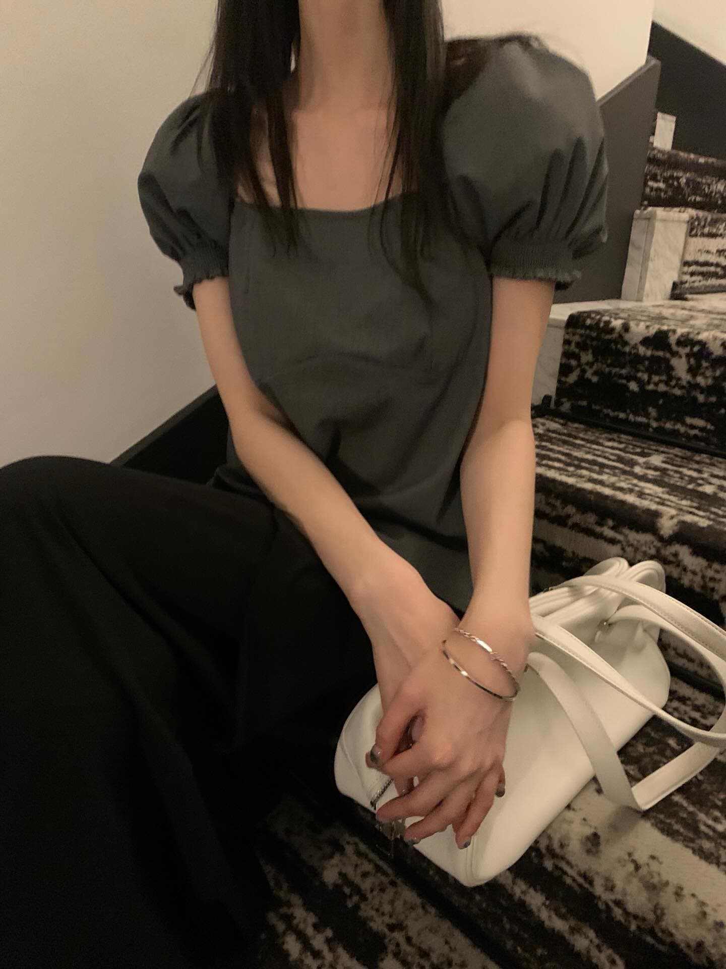 한국 chic 프랑스식 품격 광장 칼라 캐주얼 미니멀리즘 뒤로 나비 넥타이 거품 소매 셔츠 맨위 상세 이미지 11