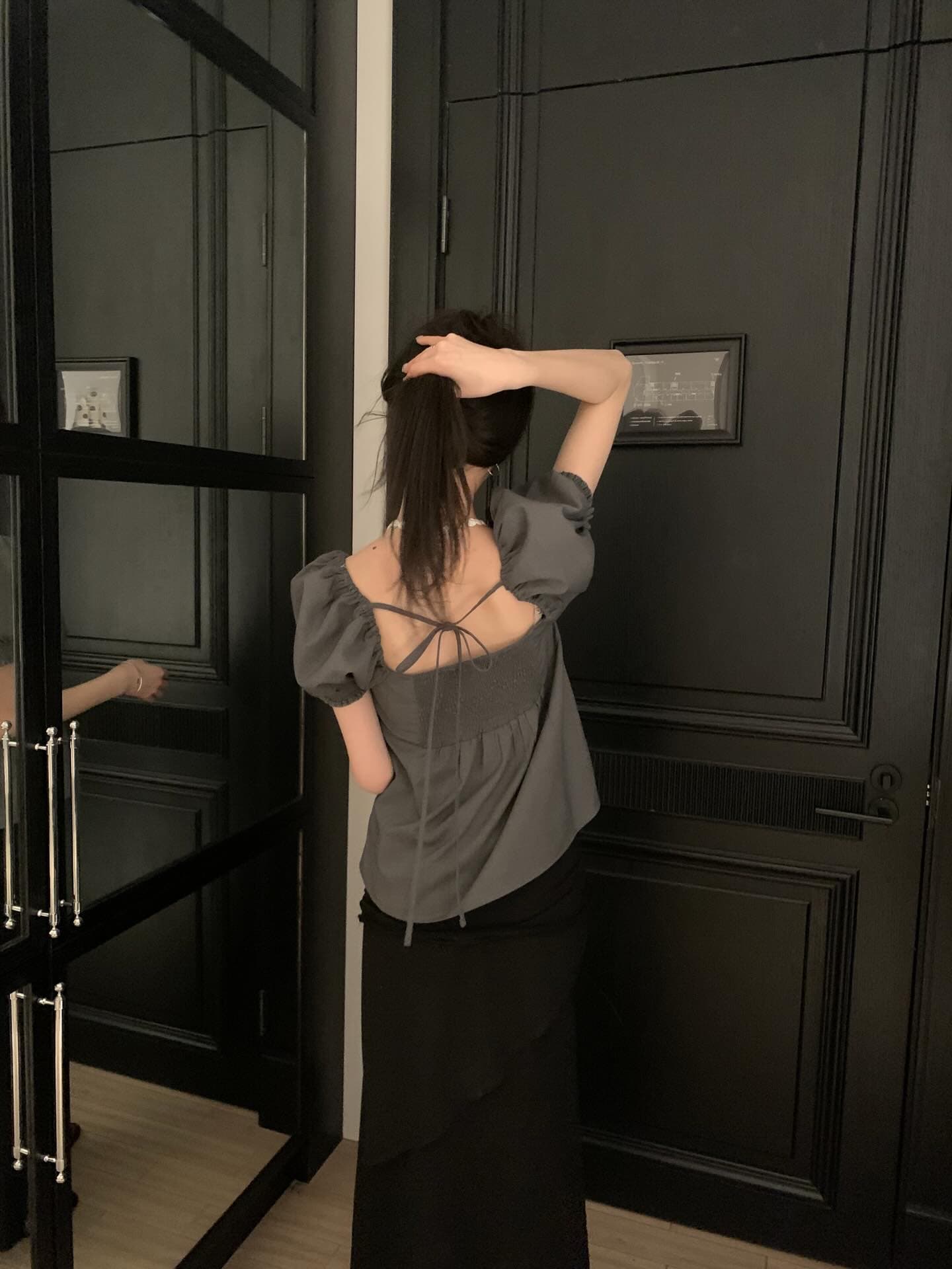 한국 chic 프랑스식 품격 광장 칼라 캐주얼 미니멀리즘 뒤로 나비 넥타이 거품 소매 셔츠 맨위 상세 이미지 14