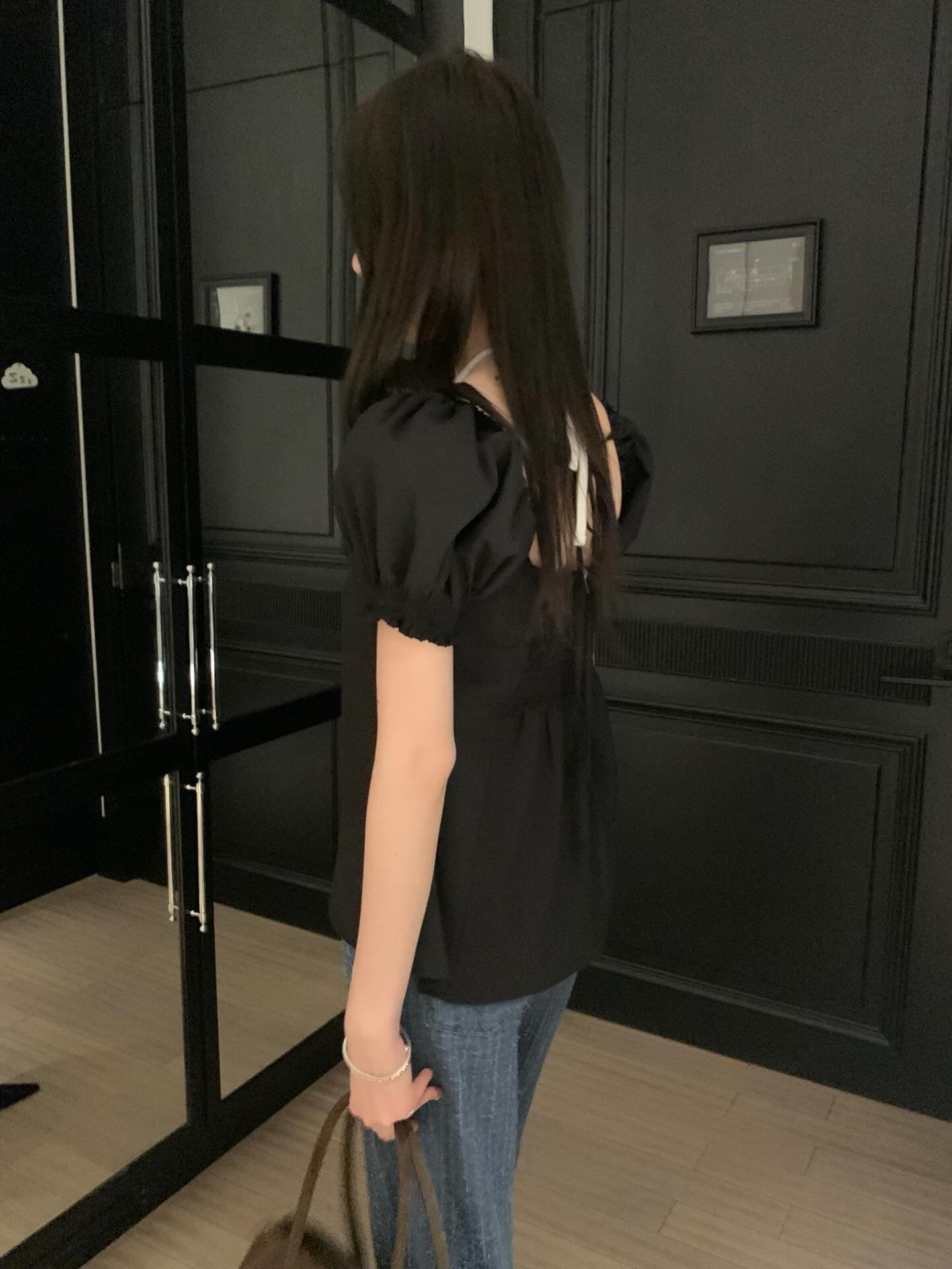 한국 chic 프랑스식 품격 광장 칼라 캐주얼 미니멀리즘 뒤로 나비 넥타이 거품 소매 셔츠 맨위 상세 이미지 16