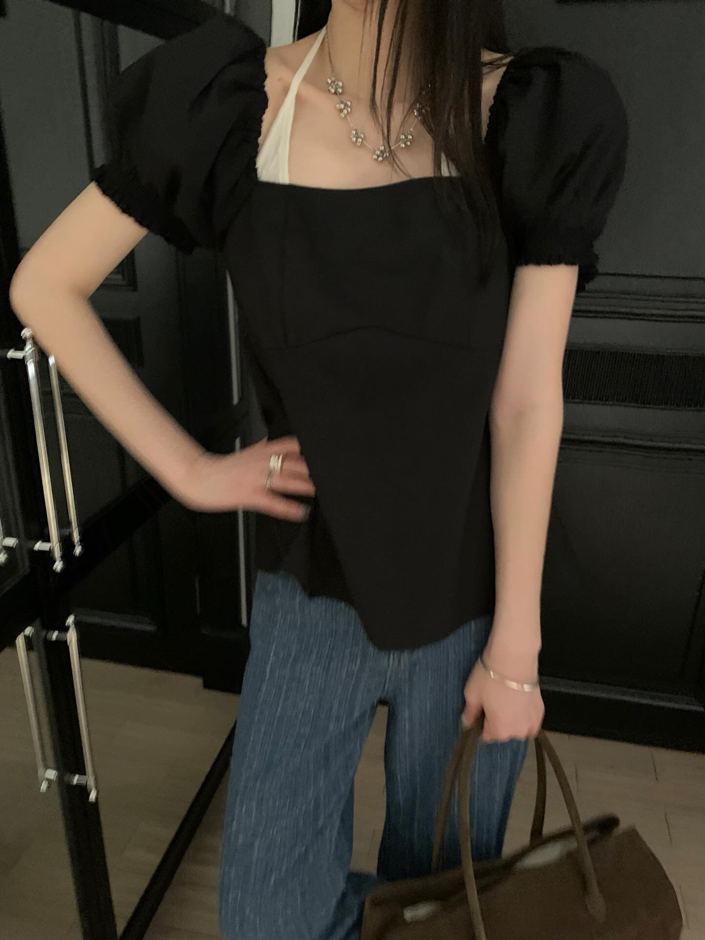 한국 chic 프랑스식 품격 광장 칼라 캐주얼 미니멀리즘 뒤로 나비 넥타이 거품 소매 셔츠 맨위 상세 이미지 17
