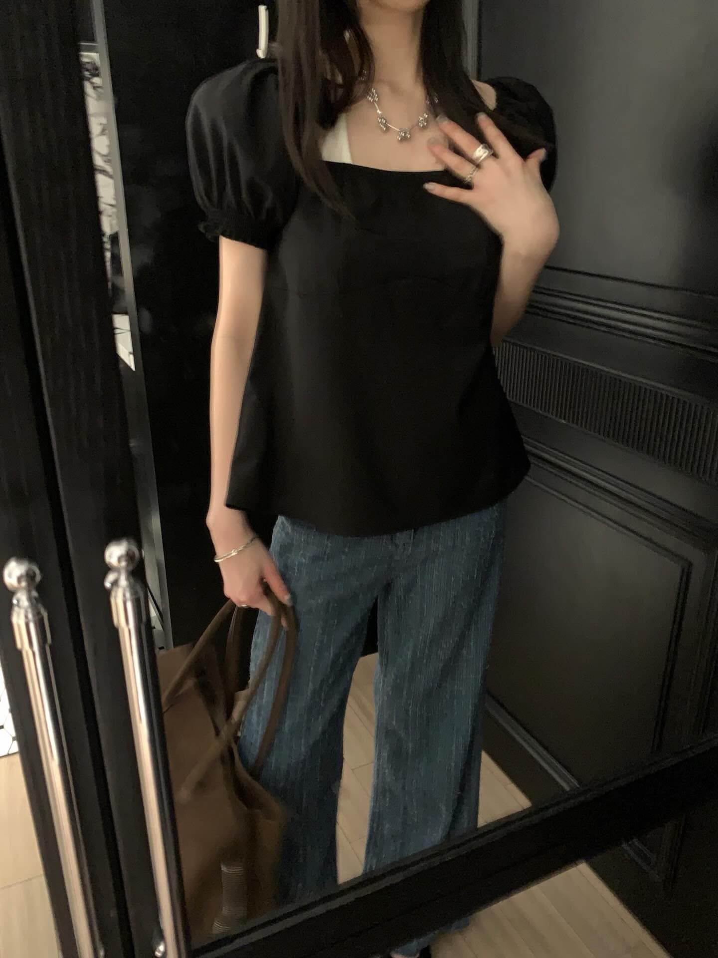 한국 chic 프랑스식 품격 광장 칼라 캐주얼 미니멀리즘 뒤로 나비 넥타이 거품 소매 셔츠 맨위 상세 이미지 18