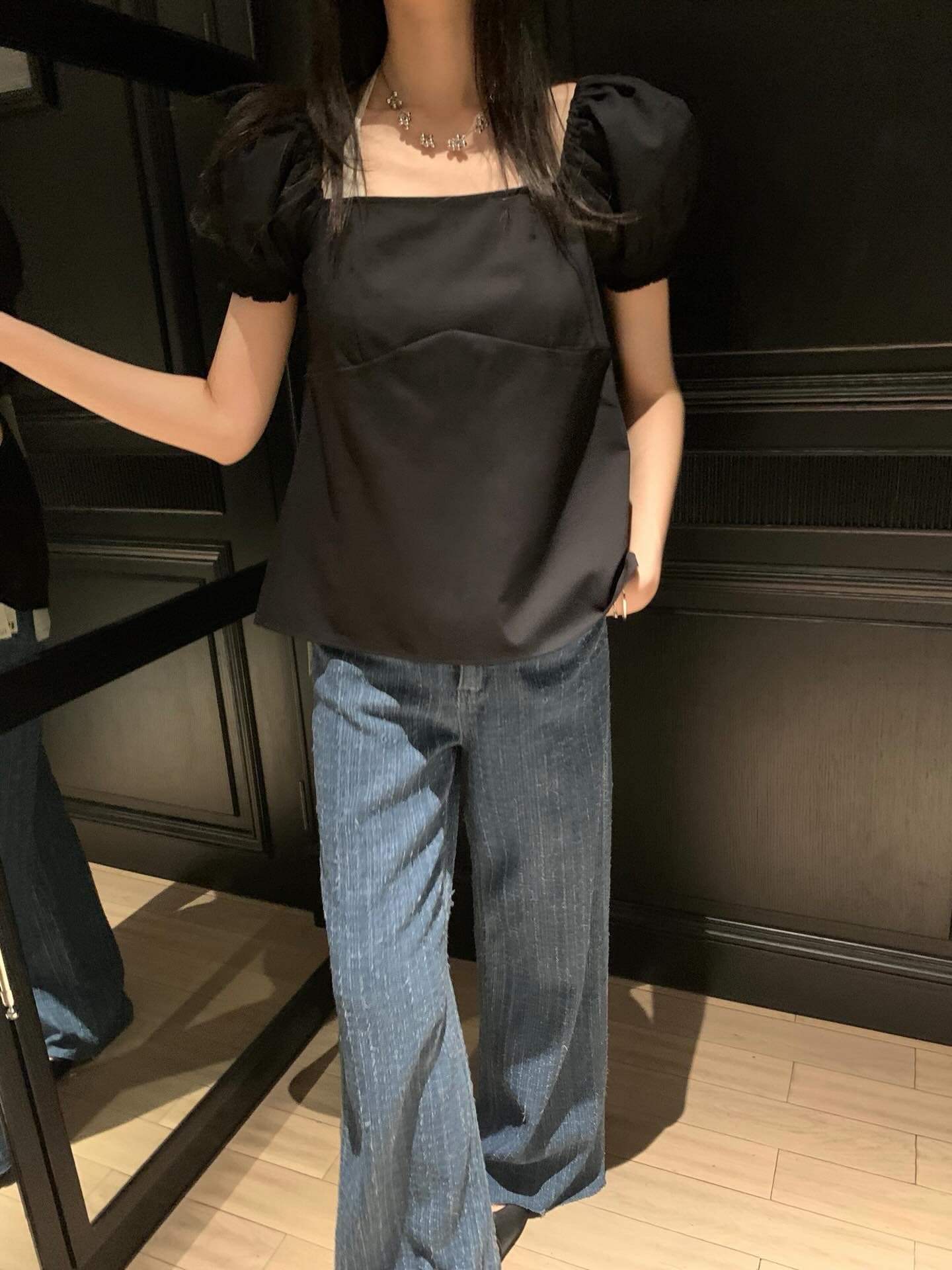 한국 chic 프랑스식 품격 광장 칼라 캐주얼 미니멀리즘 뒤로 나비 넥타이 거품 소매 셔츠 맨위 상세 이미지 19