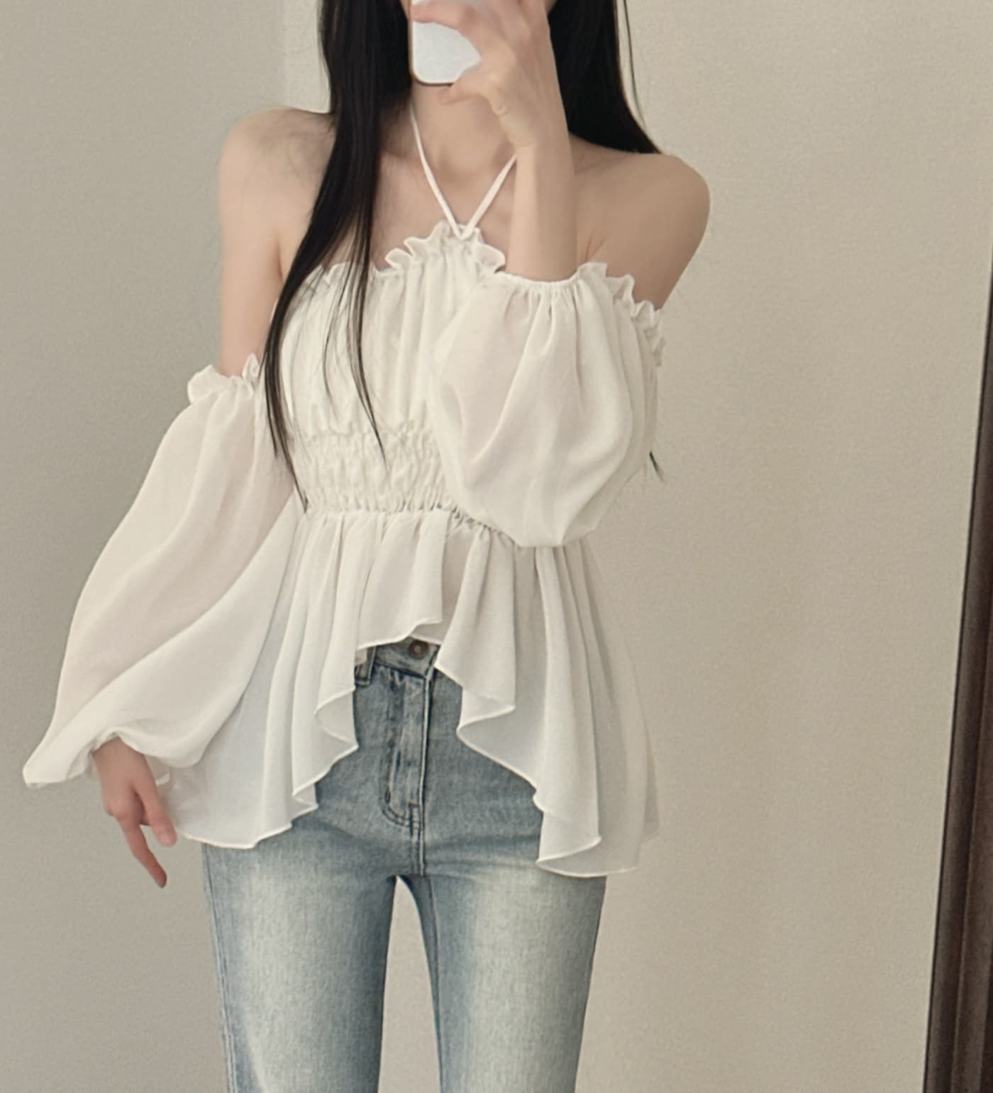 한 부서 부드러운 한 여성 순수한 욕망 한 단어 긴팔 오프숄더 행침 목 맨위 이미지 2
