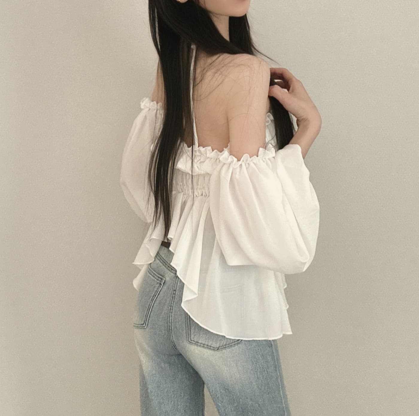 한 부서 부드러운 한 여성 순수한 욕망 한 단어 긴팔 오프숄더 행침 목 맨위 상세 이미지 2