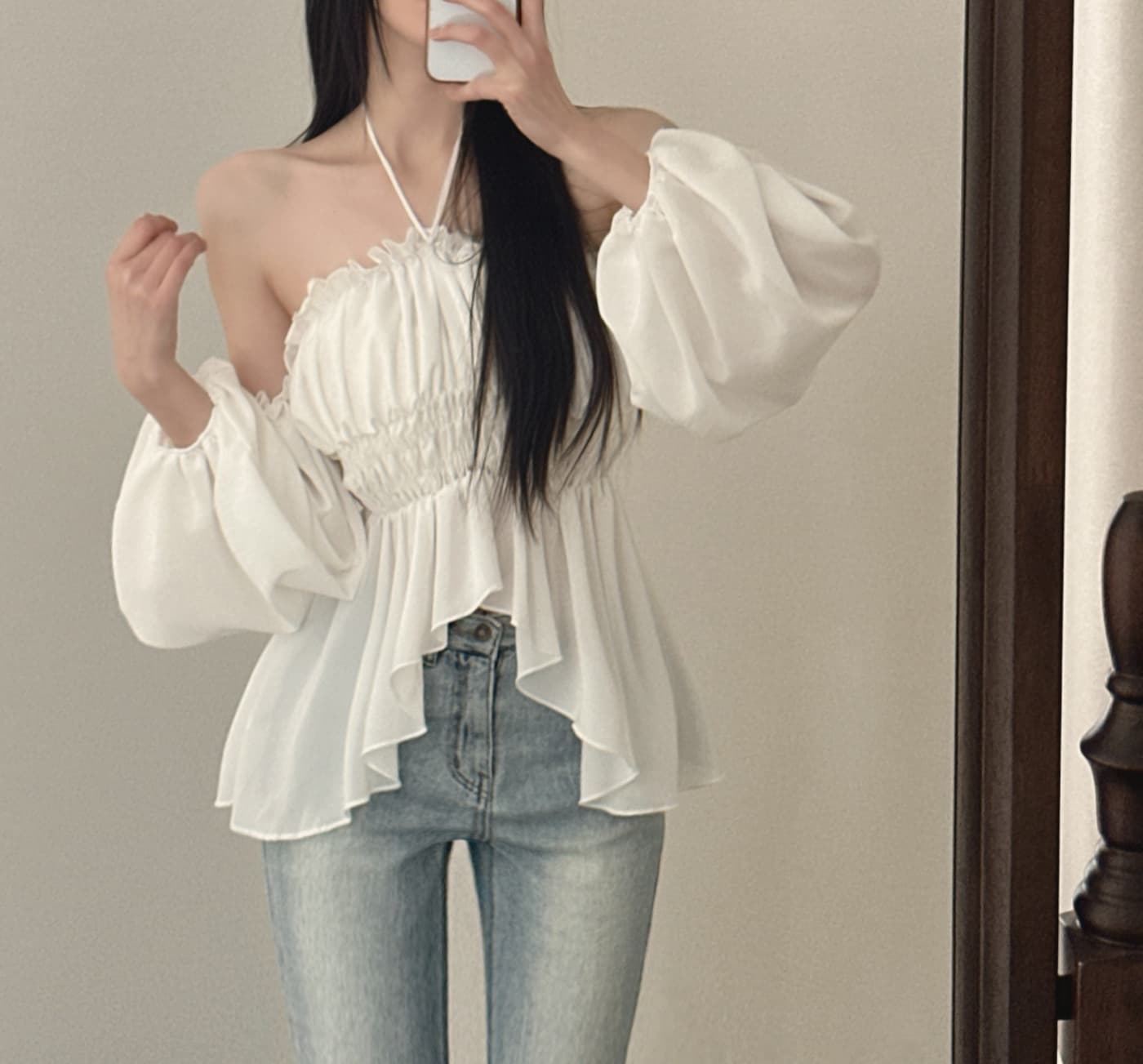 한 부서 부드러운 한 여성 순수한 욕망 한 단어 긴팔 오프숄더 행침 목 맨위 상세 이미지 7