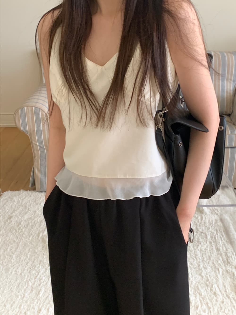 한국 chic 봄 여름 스택 Pleat 측면 다용도 스택 착용 캐미솔 상세 이미지 2