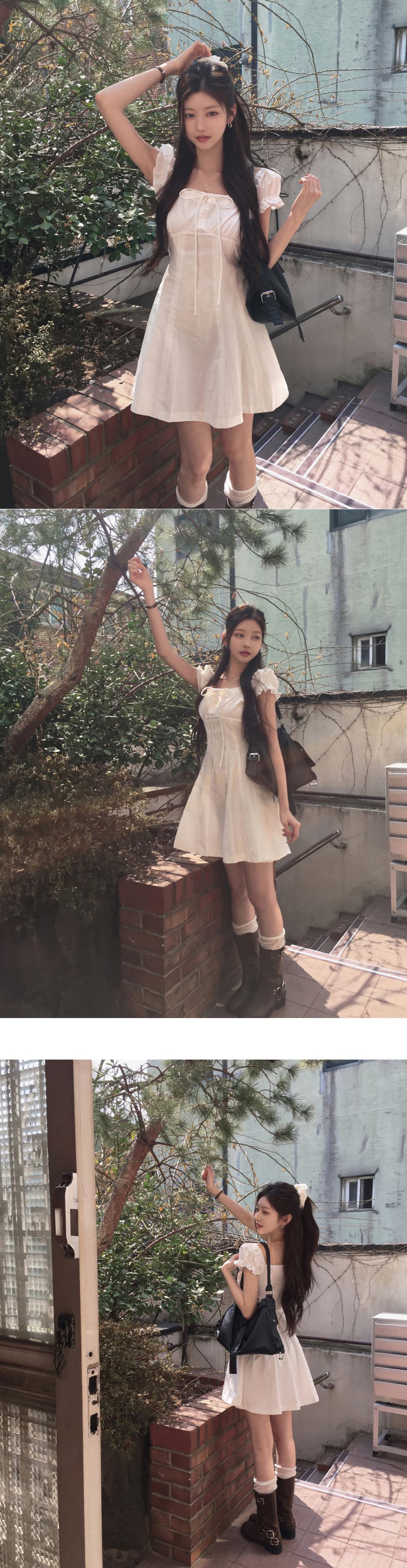 한국 chic 첫사랑 샤오 바이 치마 레이스업 거품 소매 순수한 욕망 허리 수축 소녀 드레스 상세 이미지 1