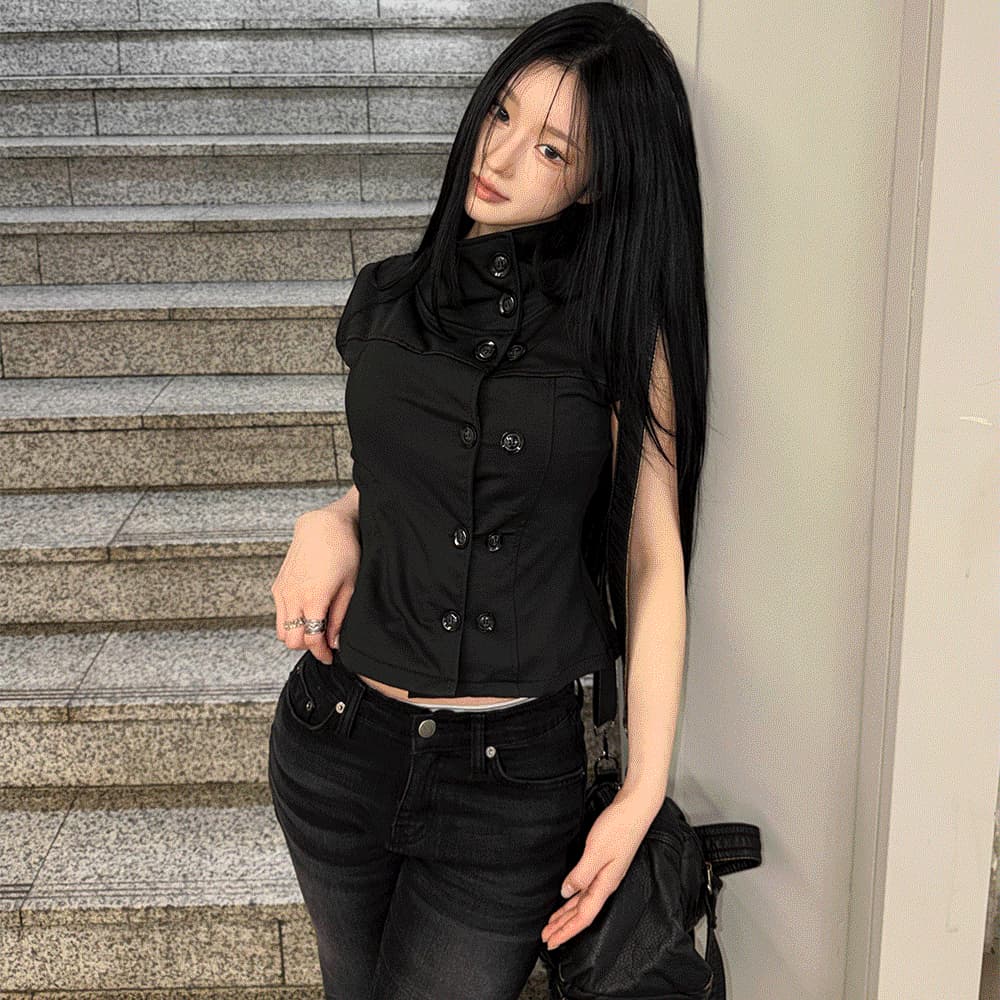 한국 고대 조기 한 부서 핫걸 스탠드 칼라 이중 버튼 허리 수축 베스트 레트로 민소매 맨위 상세 이미지 3
