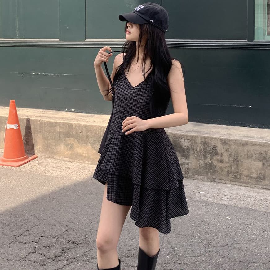 한 부서 chic 레트로 체크무늬 V넥 불규칙 프릴 슬립 여성 드레스 슬림해 보이는 A라인 스커트