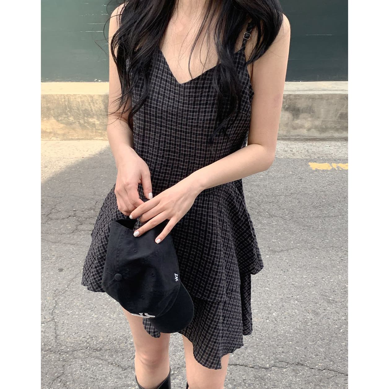 한 부서 chic 레트로 체크무늬 V넥 불규칙 프릴 슬립 여성 드레스 슬림해 보이는 A라인 스커트 이미지 3
