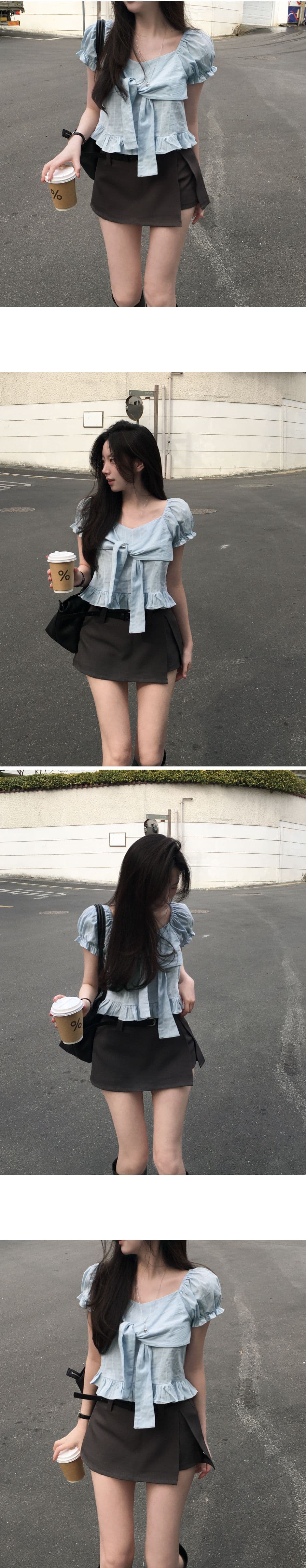 한 부서 광장 칼라 거품 소매 여성 셔츠 디자인 센스 나비 넥타이 쇼트 스타일 프릴 허리 수축 맨위 상세 이미지 1