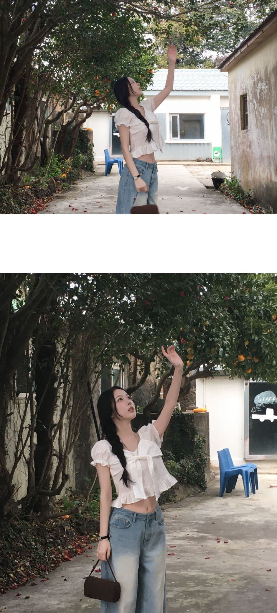 한 부서 광장 칼라 거품 소매 여성 셔츠 디자인 센스 나비 넥타이 쇼트 스타일 프릴 허리 수축 맨위 상세 이미지 4