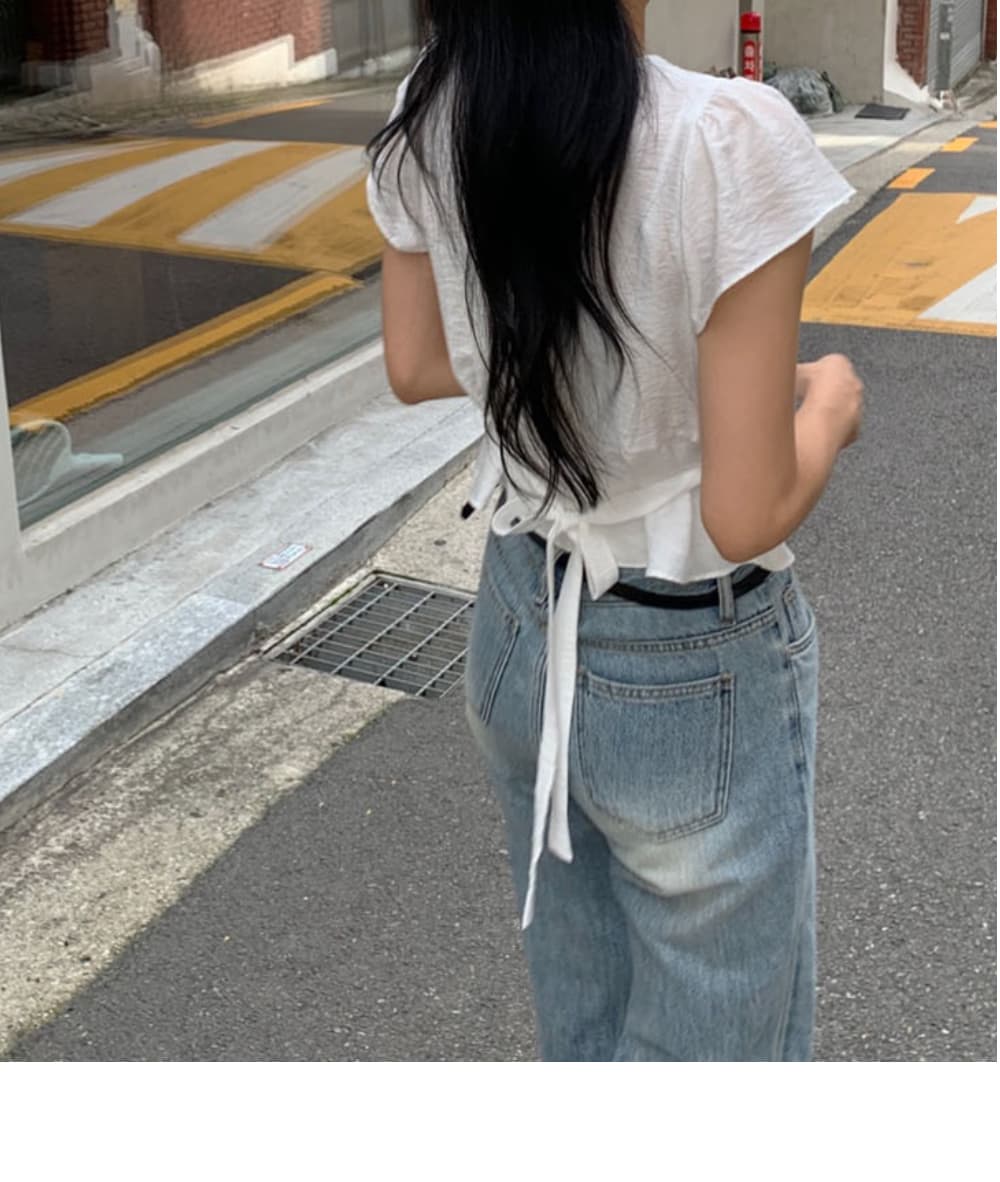 한 부서 V넥 허리 수축 레이스업 여성 셔츠 디자인 센스 작은 날다 소매 쇼트 스타일 슬림해 보이는 품격 작은 셔츠 맨위 상세 이미지 7