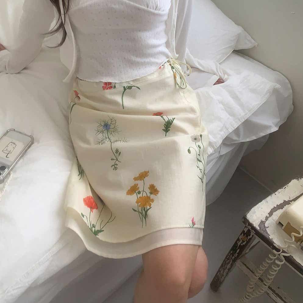 한 부서 부드러운 바람 식물 꽃무늬 프린트 반신 스커트 여성 한 마디 중간 길이 펌프 로프 스트랩 치마 이미지 5
