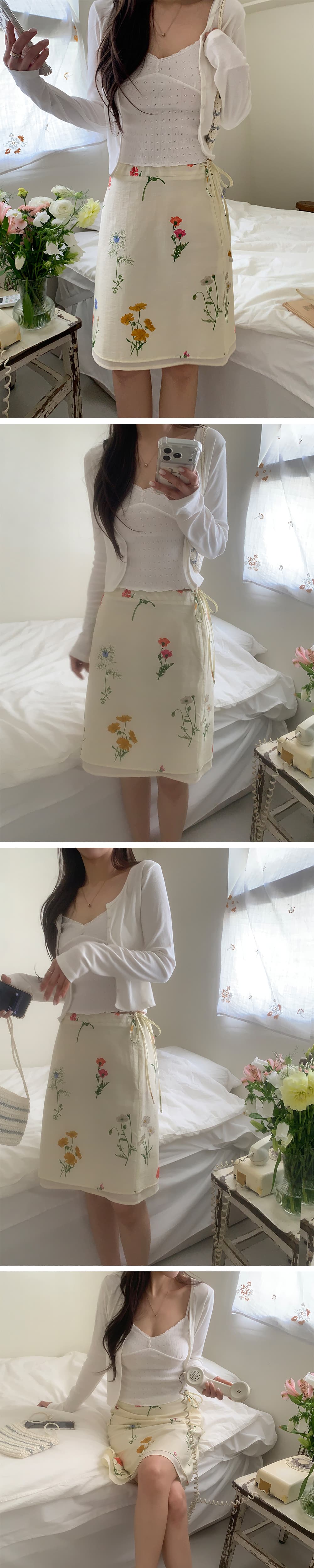 한 부서 부드러운 바람 식물 꽃무늬 프린트 반신 스커트 여성 한 마디 중간 길이 펌프 로프 스트랩 치마 상세 이미지 1