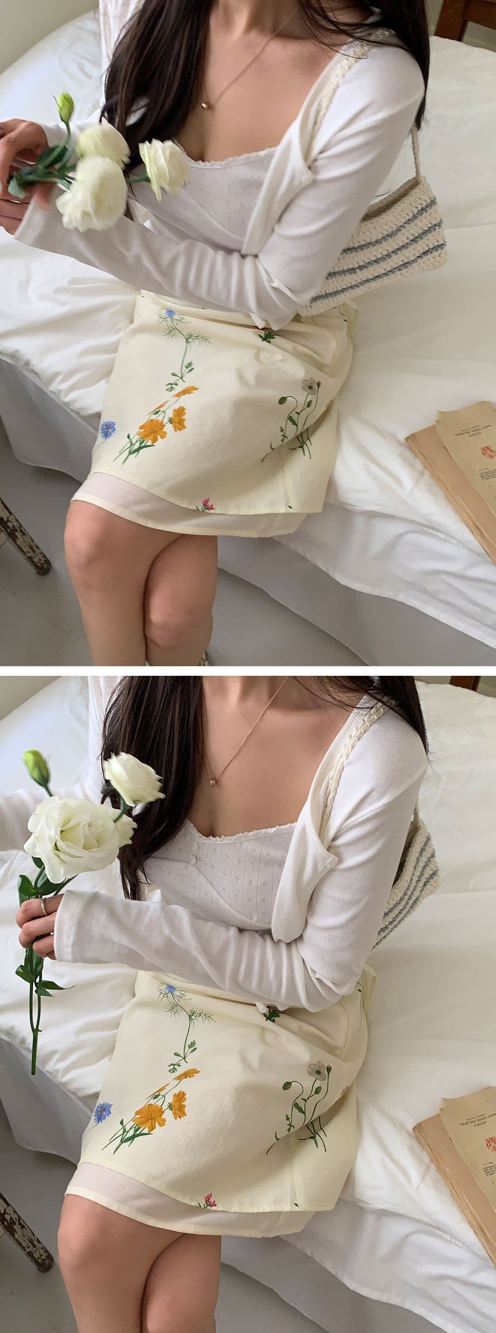 한 부서 부드러운 바람 식물 꽃무늬 프린트 반신 스커트 여성 한 마디 중간 길이 펌프 로프 스트랩 치마 상세 이미지 6