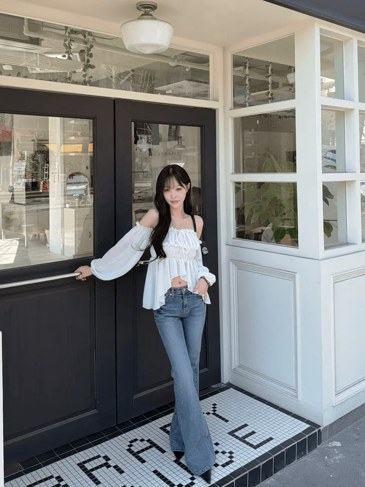 한국 chic 오프숄더 오프숄더 프릴 맨위 순수한 욕망 바람 레이스업 허리 수축 쉬폰 블라우스 상세 이미지 9