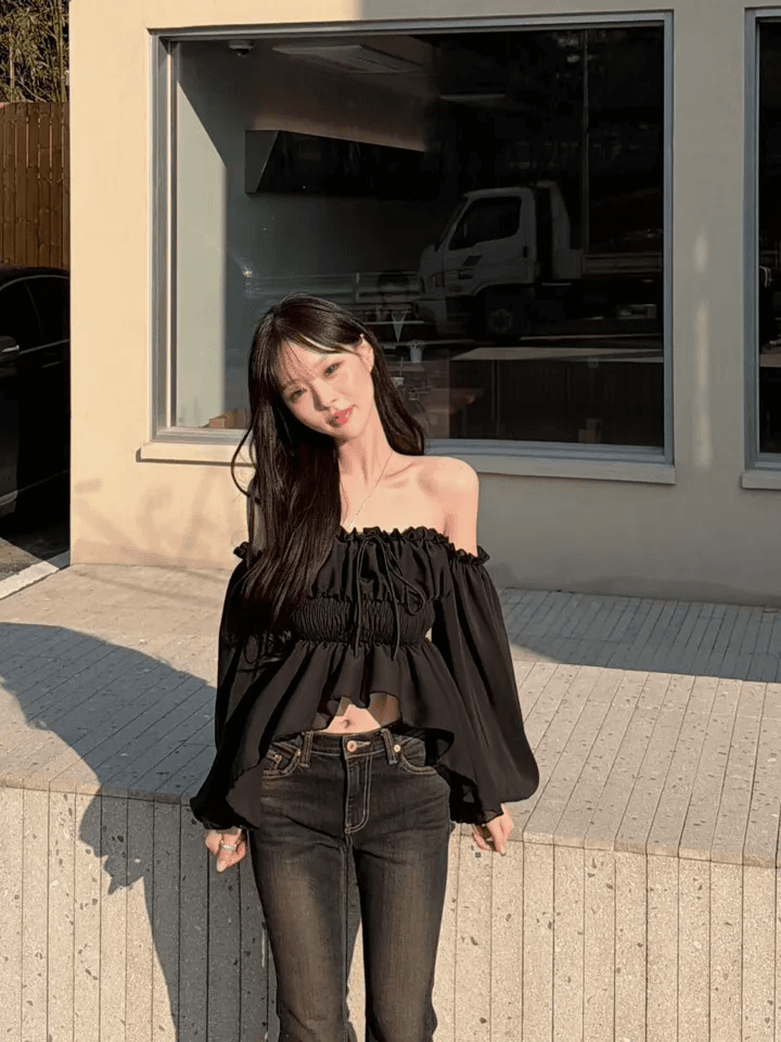 한국 chic 오프숄더 오프숄더 프릴 맨위 순수한 욕망 바람 레이스업 허리 수축 쉬폰 블라우스 상세 이미지 10